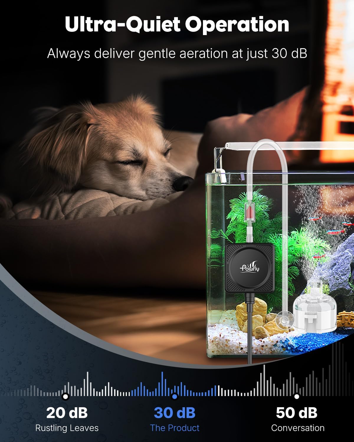 Pawfly Mini Aquarium Air Pump, Ultra Quiet 1.3W Oxygen Aerator for Nano Fish Tanks 1-15 Gallons, Compact Bubbler with Sponge Filter, Airline Tubing and Air Stone - image 3