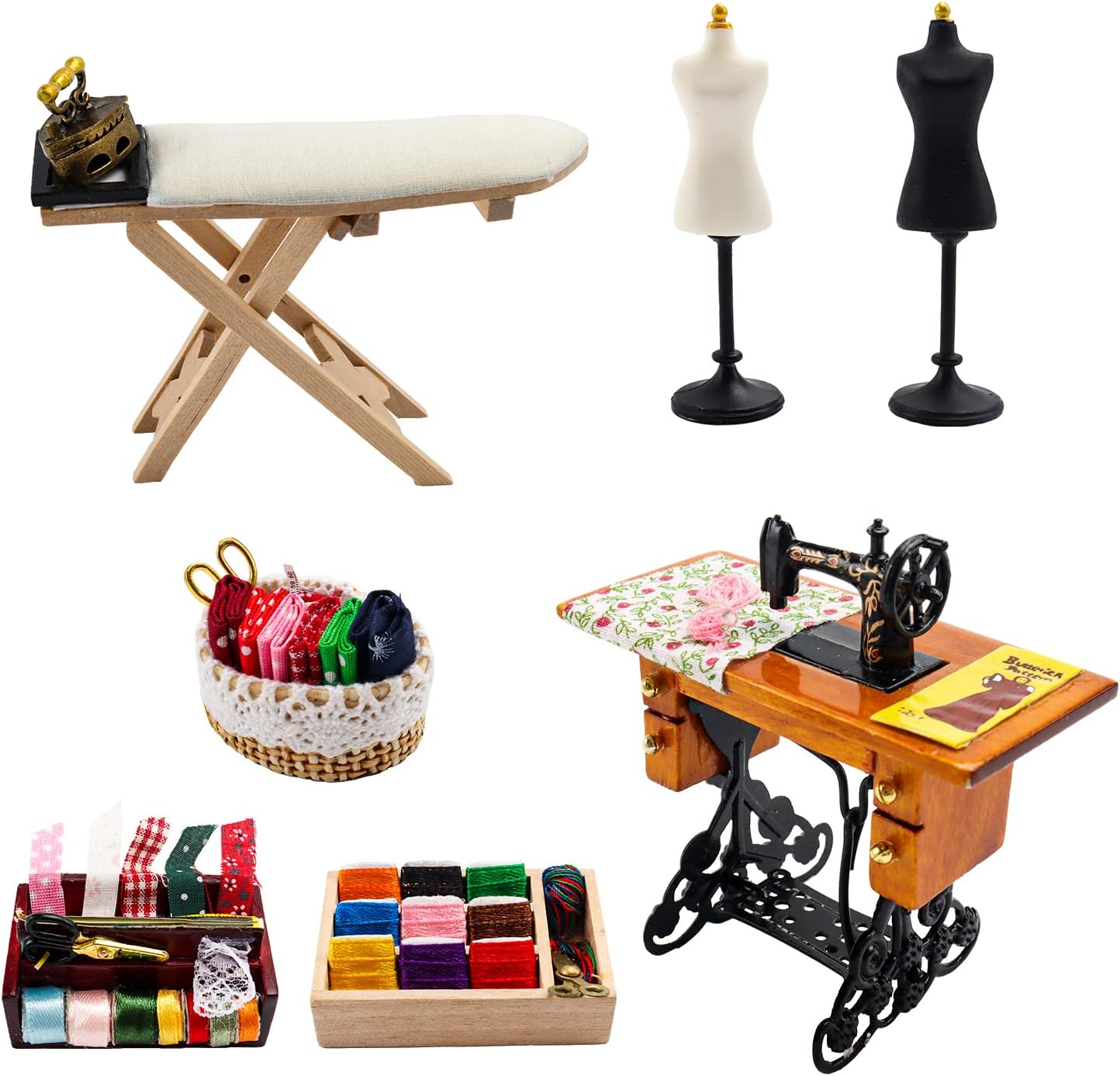 1 :12 Scale Miniature Sewing House Scene Model Accessories Simulation Vintage Sewing Machine, Sewing Box, Ironing Board