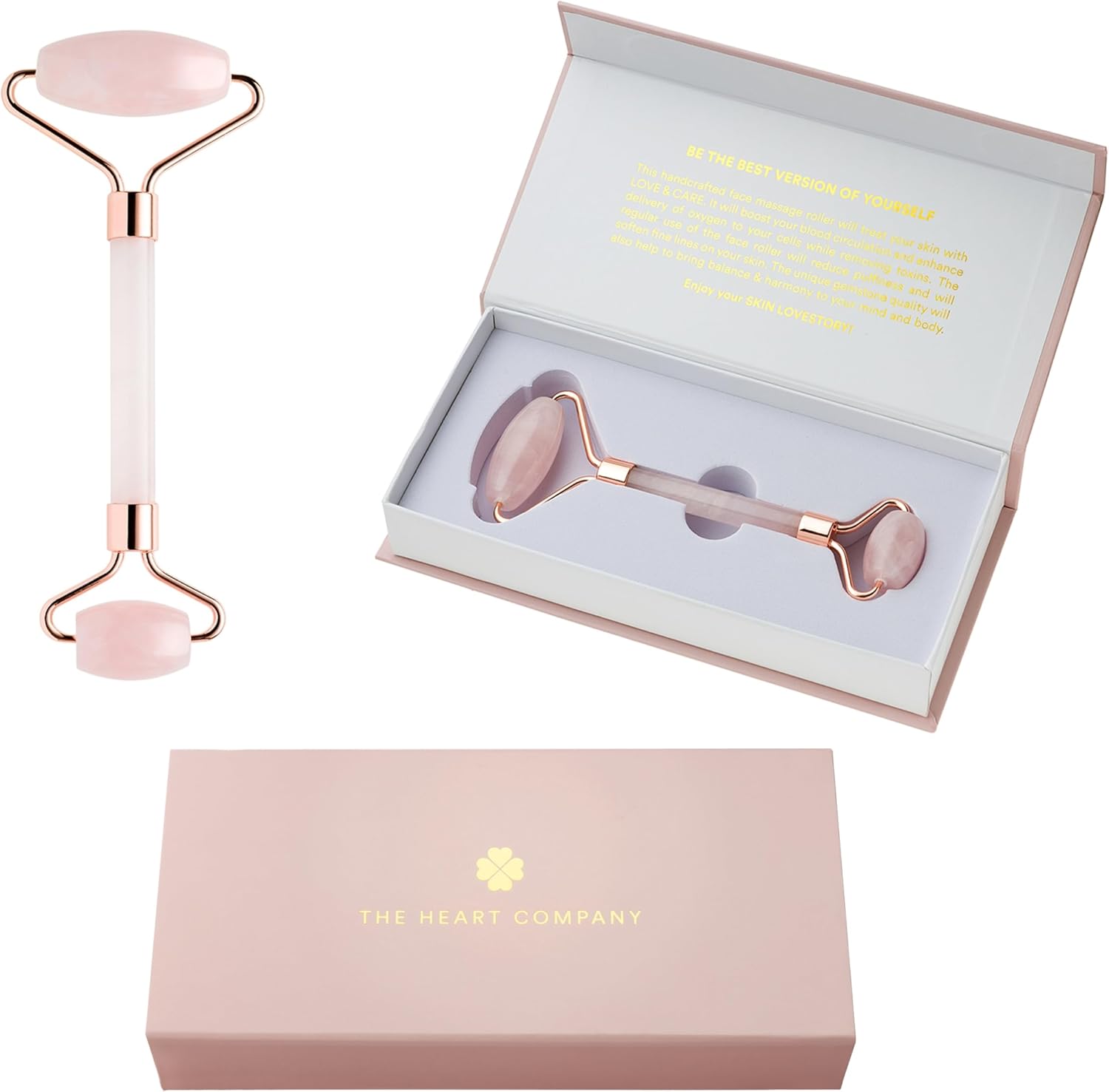 THE HEART COMPANY | Premium Rose Quartz Face Roller | Face Roller Skin Care Tool | Facial Roller Massager | Natural Crystal Facial Roller for Aging Skin | Pink Stone Roller for face, Eyes and Neck THE HEART COMPANY | Premium Rose Quartz Face Roller | Face Roller Skin Care Tool | Facial Roller Massager | Natural Crystal Facial Roller for Aging Skin | Pink Stone Roller for face, Eyes and Neck