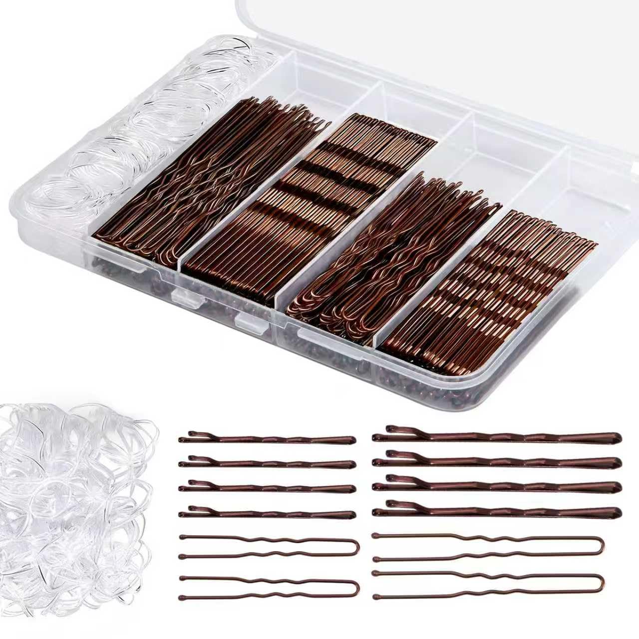 Juego de 300 horquillas para el pelo con caja de almacenamiento, 100 horquillas antideslizantes marrones, 100 horquillas invisibles para mujeres y 100 bandas transparentes para el cabello, bloquean el