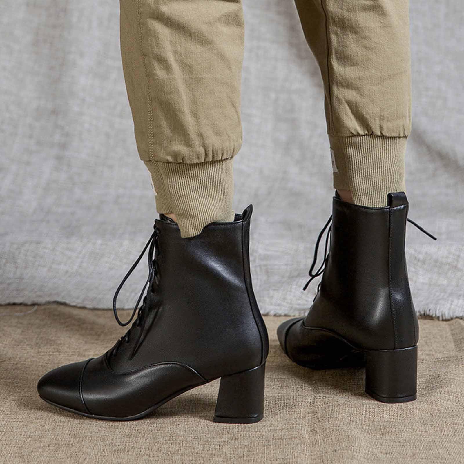 Generisch Stiefel Damen Modische Stiefeletten mit quadratischem Absatz und Schnürung für den Herbst kurze Schuhe runder Zehenpartie