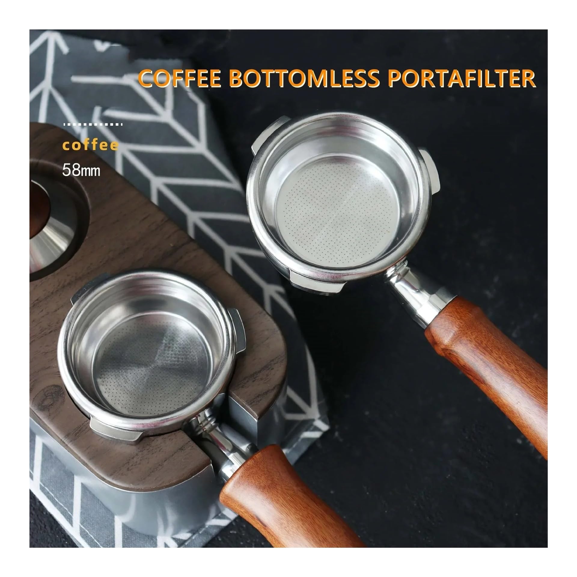 Portafiltro, compatible con Breville, 58mm sin fondo | Repuesto para Oster, 3 uñas, acero inoxidable 304, mango de madera, desmontable(Red Rose wood)