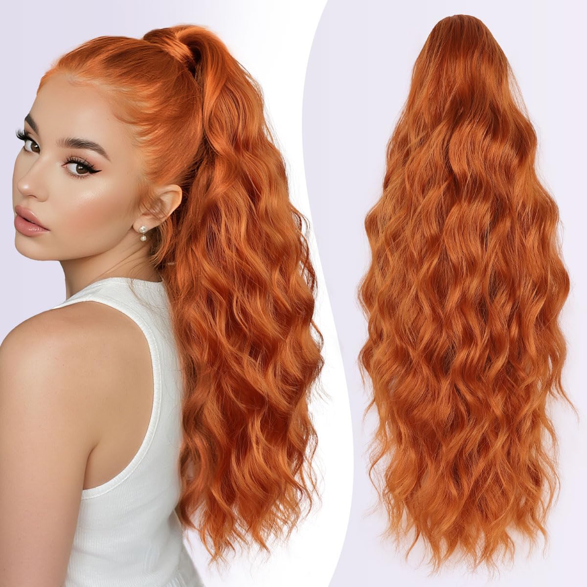 JIAMEISI Claw Clip Ponytail Hair Extensions 18 Inch Ponytail Extension Long Curly Wavy Jaw Clip in Pony Tails Extension Synthetic Fluffy Hairpiece for Women Girls Daily Use Party (Ginger Copper)