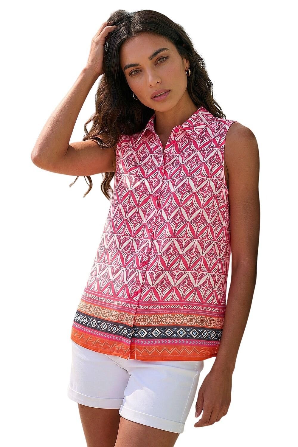 Roman Originals Women's Red Geometric Roman Sleeveless Shirt For Uk Blouse Top Button Through Summer Smart Casual Work Cocktail Party Office Holiday Special Occassion Evening Going Out - Size 20