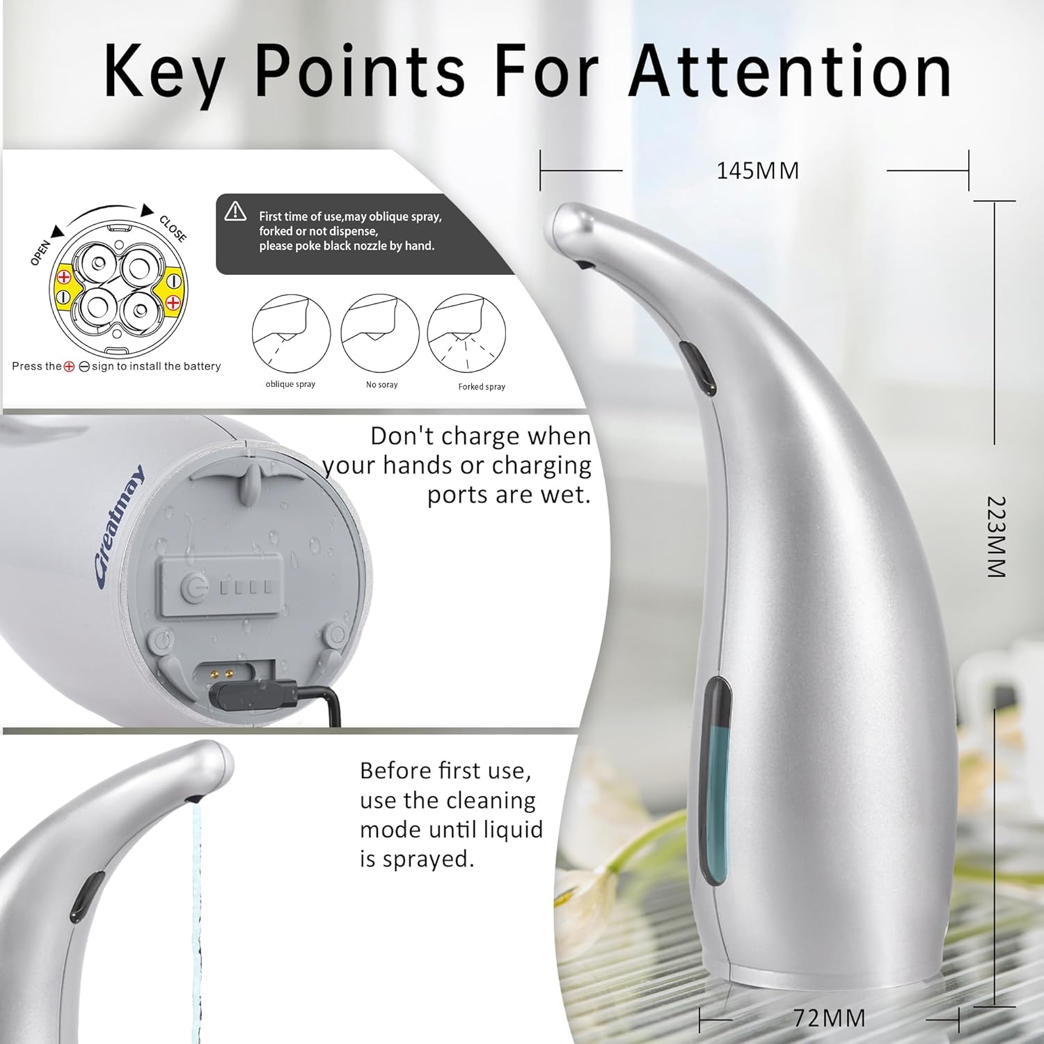 Adjustable Automatic Soap Dispenser Touchless, 4 Adjustable Levels Touchless Sensor Liquid Soap Pump,300ml Rechargeable Magnetic Charging Hand Soap Dispenser for Kitchen,Bathroom - Image 3