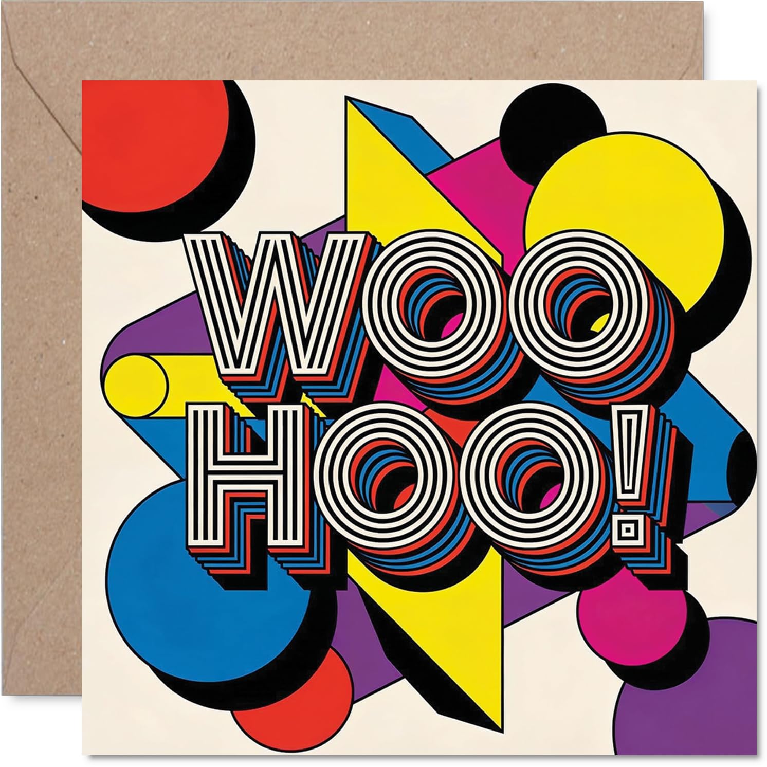 Playful Congratulations Card - Bursting with Excitement - Bold Geometric Shapes in Vibrant Colours and Playful 'WOO HOO!' Text - 145mm Square, Envelope Included