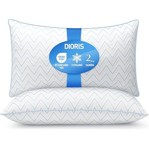 DIORIS Cooling Pillows Queen Size Set of 2 - Luxury Hotel Collection Bed Pillows for Sleeping, Breathable Medium Firm Down Alternative Microfiber Filled Pillows for Back, Stomach Sleepers