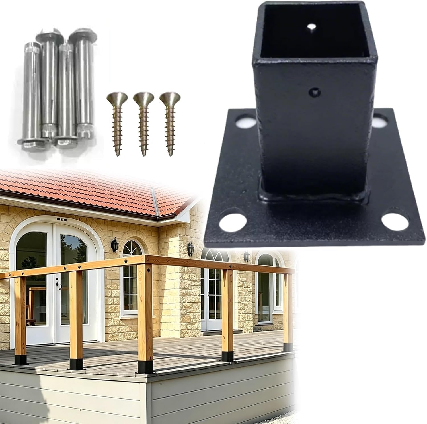 AVLLSO Post Base Anchor Kit Fence Post Support for Concrete/Wooden Floors, Black Metal Powder-Coated Steel Post Anchor(70x70mm/2.8x2.8in)