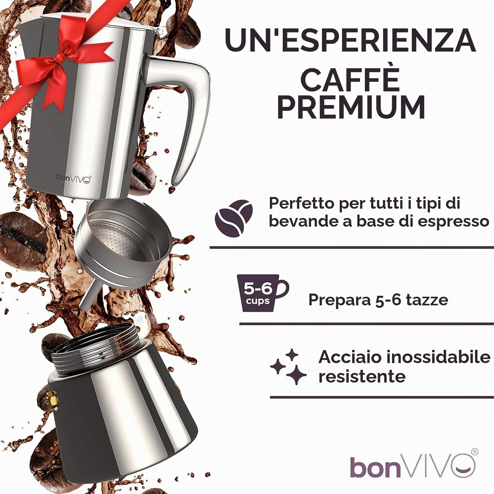 bonVIVO Moka a Induzione 6 Tazze 300 ml in Acciaio Inox Rame | Compatibile con induzione, gas e vetroceramica, acciaio inox, capacità 300 ml, design elegante color rame