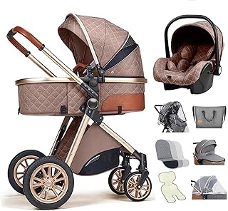 Pushchair 3 in 1 Carseat and Strollers Combo Travel Pram Strollers Standard,Adjustable High View Prams and Strollers for Babys,Newborn Carriage with Rain Cover/Mom Bag (Color : Khaki)