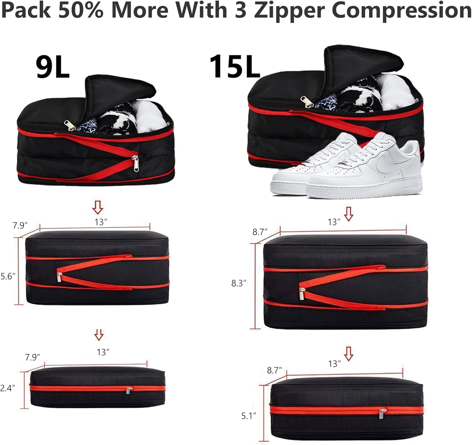 Compression Packing Cubes for Suitcases and Backpacks, Double Sided Clean Dirty Separate Large Capacity Cube Organizer for Travel (Black 2-Piece (9L+15L))