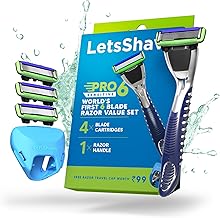 LetsShave Pro 6 Sensitive Shaving Razor Value Set, 4 Blades 1 Handle + Razor Cap, World's First 6-Blade Razor with Precision Back Blade Argan Oil & Aloe Vera Infused moisturizing strip, Shaving Kit