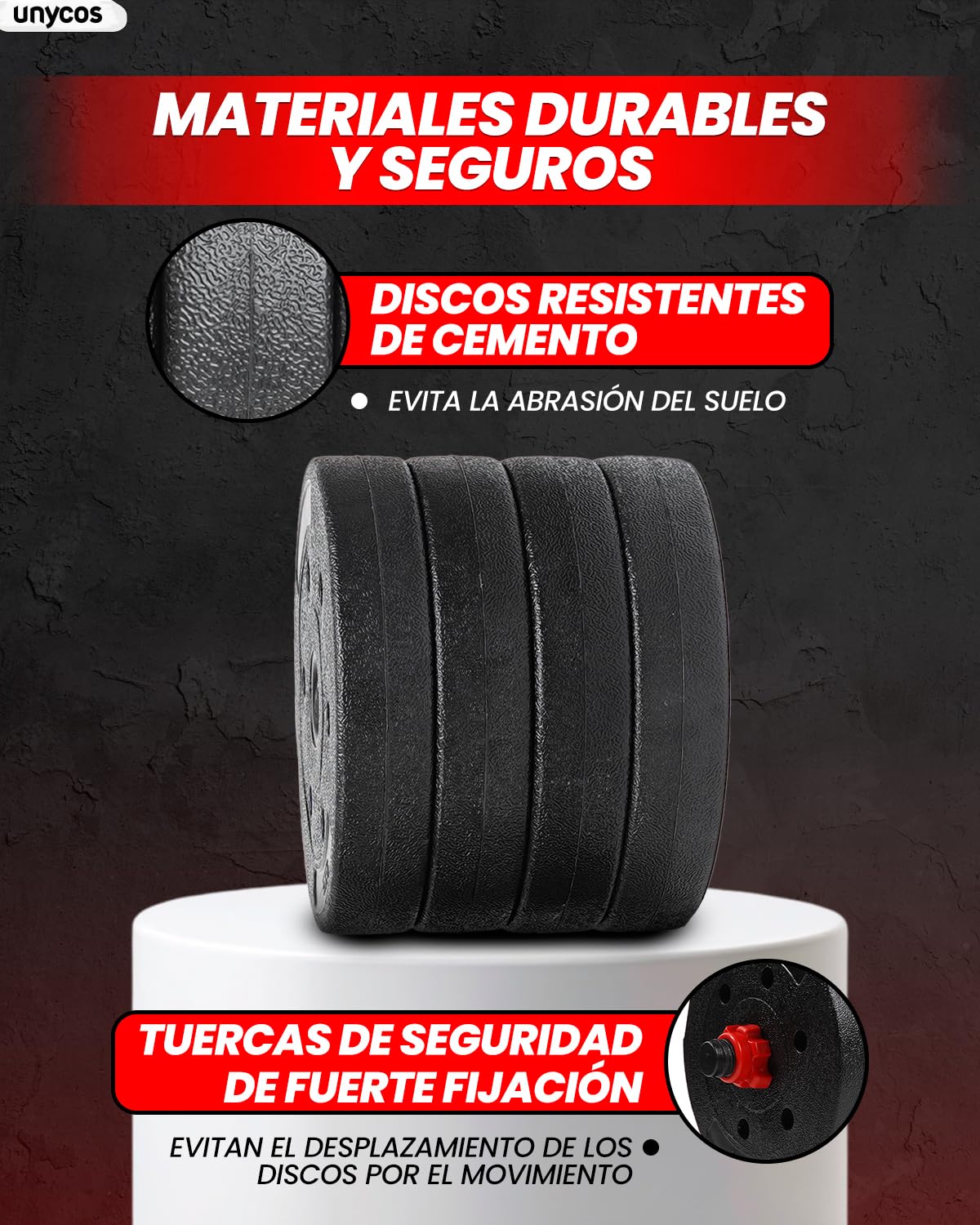 unycos - Juego de Mancuernas Ajustables con Discos Intercambiables y Barra Recta de Conexión, Set de Entrenamiento de Fuerza para Fitness, Gimnasio en Casa