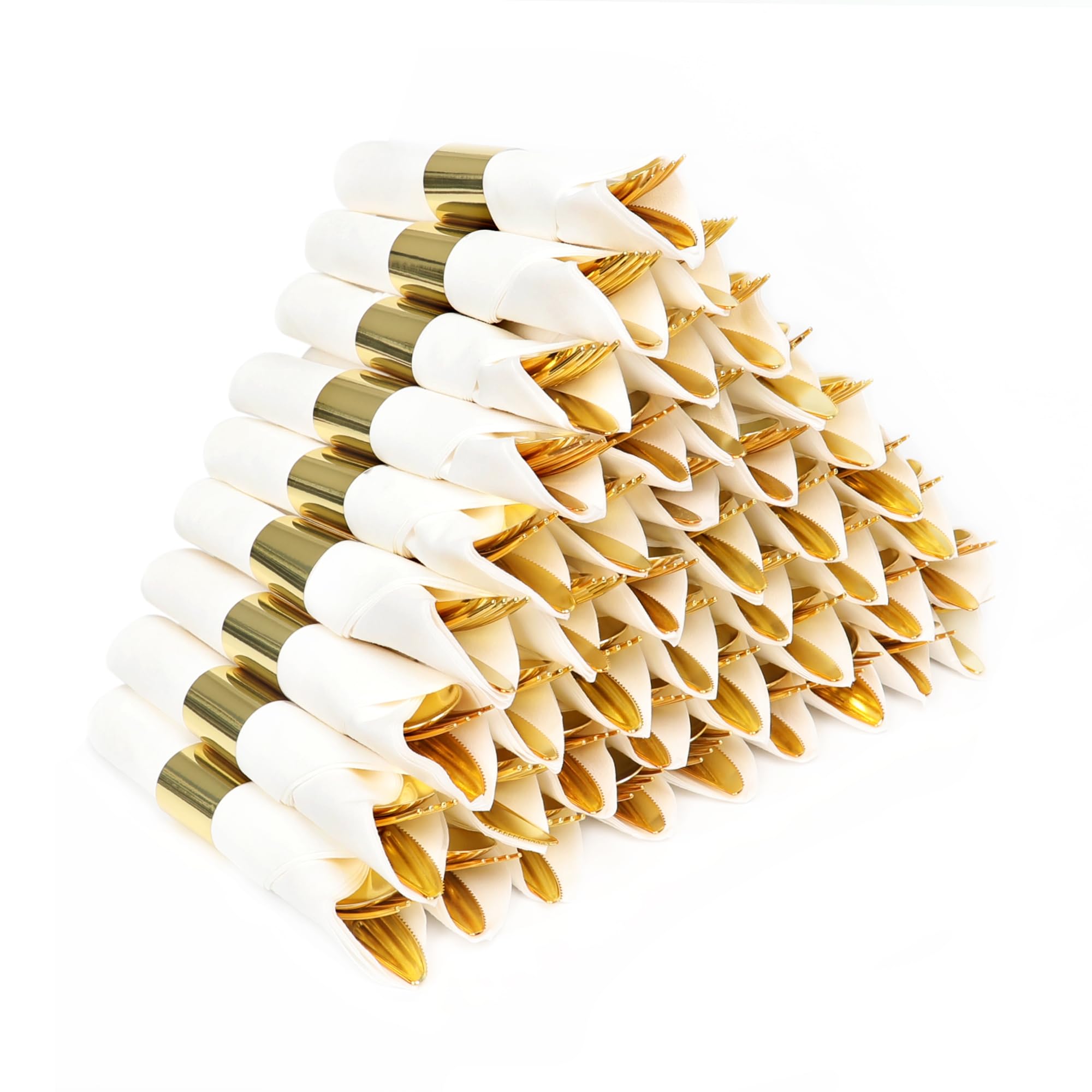 Dlebay 100 Pack Pre Rolled Gold Plastic Silverware Set,Wrapped Plastic Cutlery Set with Napkin Include 100 Forks,100 Spoons,100 Knives and 100 White