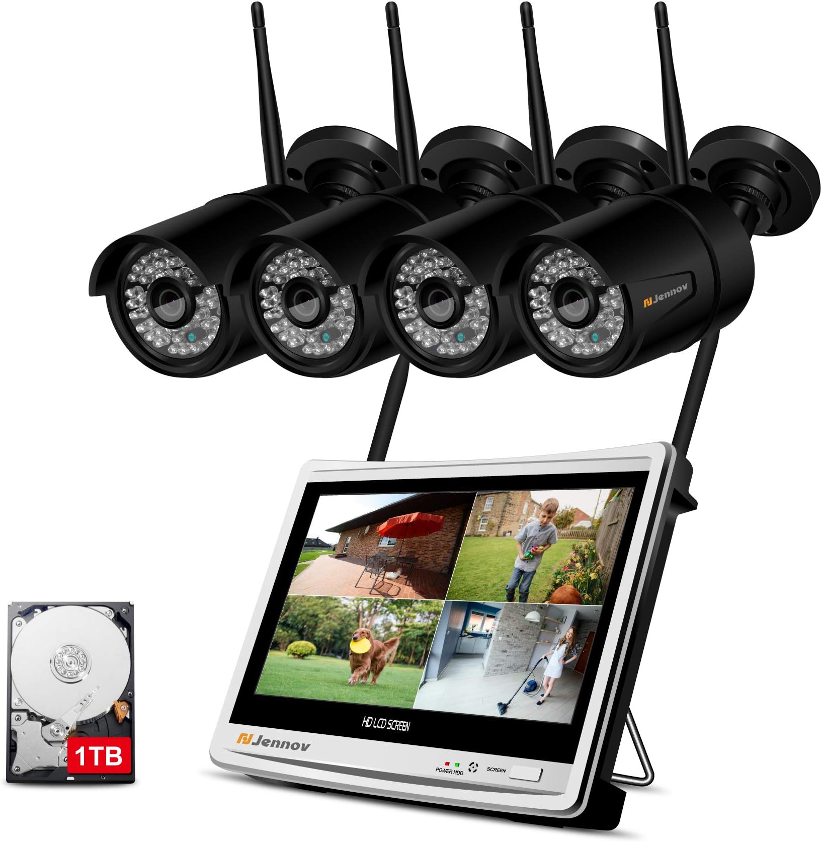Jennov 4CH Wireless CCTV Camera Systems with Black 12 Inch Monitor 1080P Home Security Surveillance Wifi IP Camera Kit Outdoor Waterproof Motion Detection Pre-installed 1TB Hard Drive