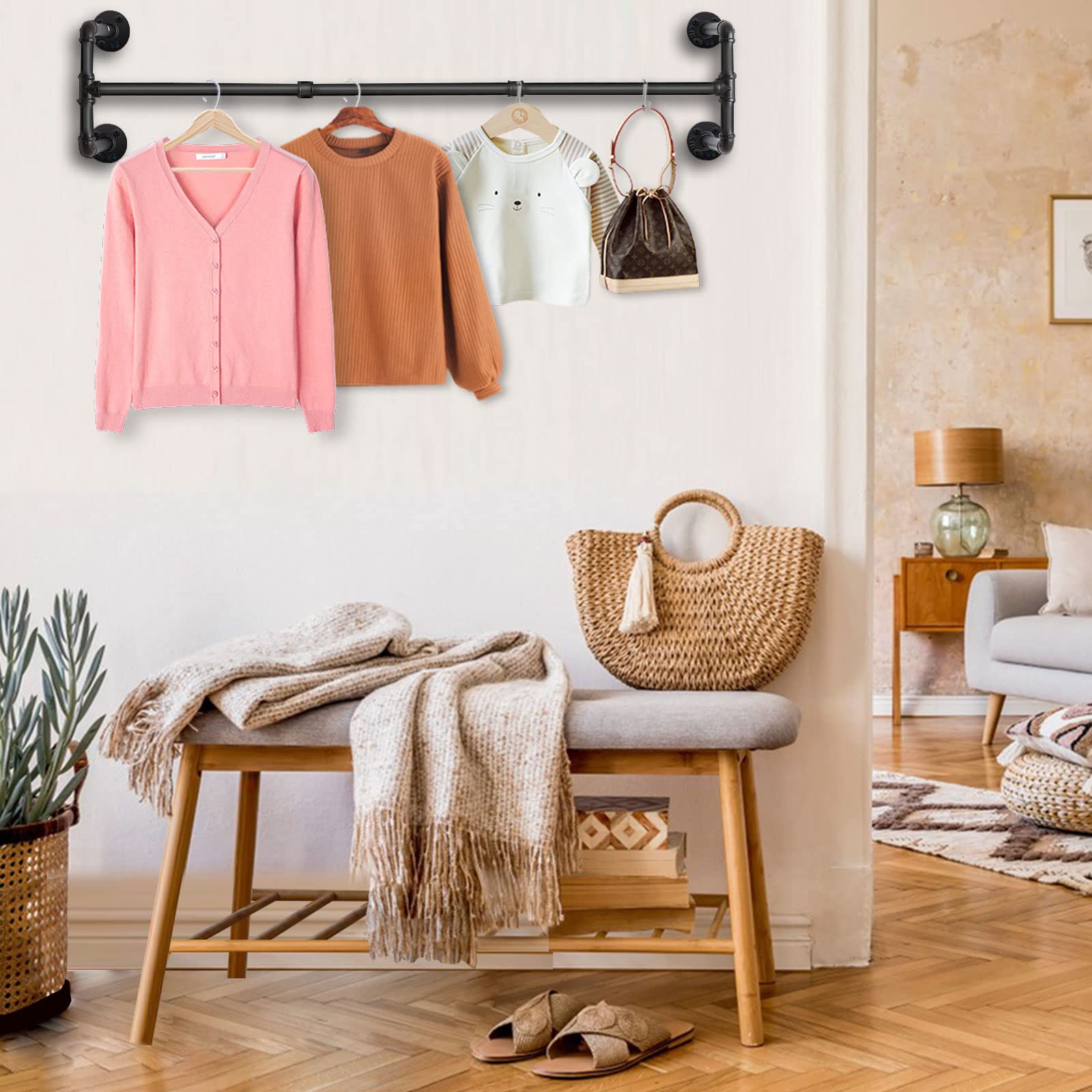 Attaccapanni Da Parete Yawinhe 180cm - Tubo Industriale Nero, Salvaspazio, Portata 60kg - Foto 6