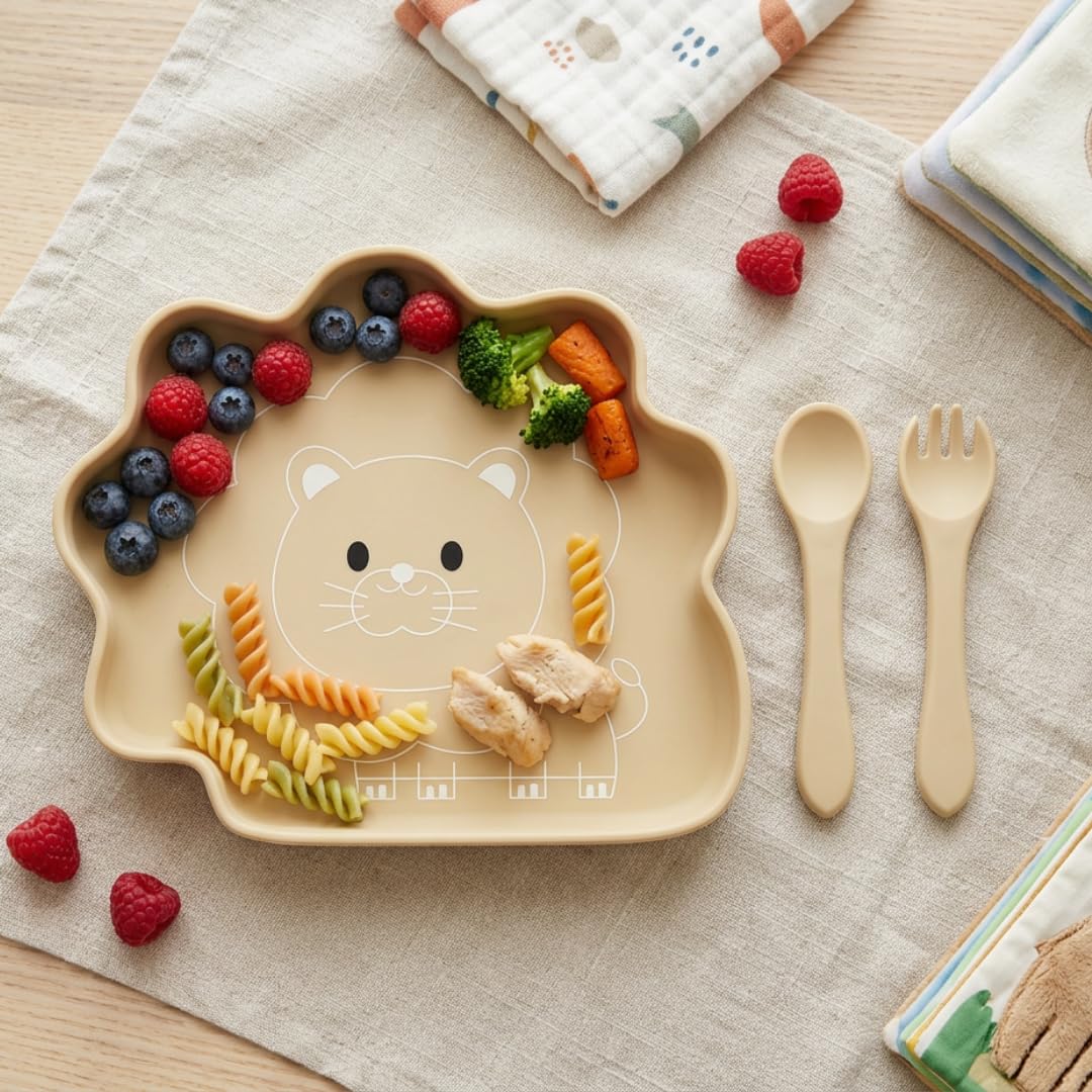 TIGGY & BONNET Lion 2 Pcs Silicone Baby Feeding Set for Baby Bpa-Free | Microwave Safe, Anti-Slip Base | Tableware Kit for Babies & Toddlers with Suction Plate & Spoon