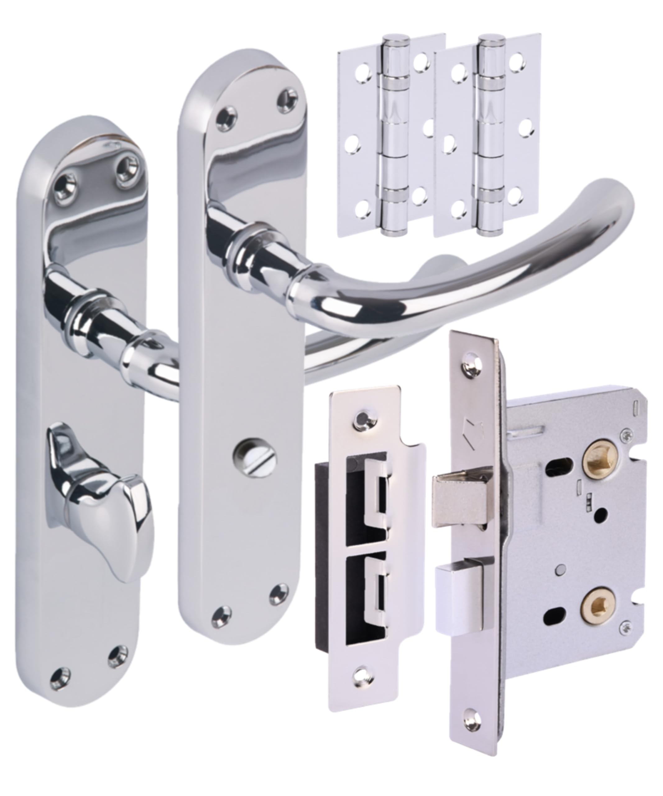 Hunta Polished Chrome Handlezone® Avis Door Handles On Backplate Bathroom Lock Pack With Ball Bearing Hinges