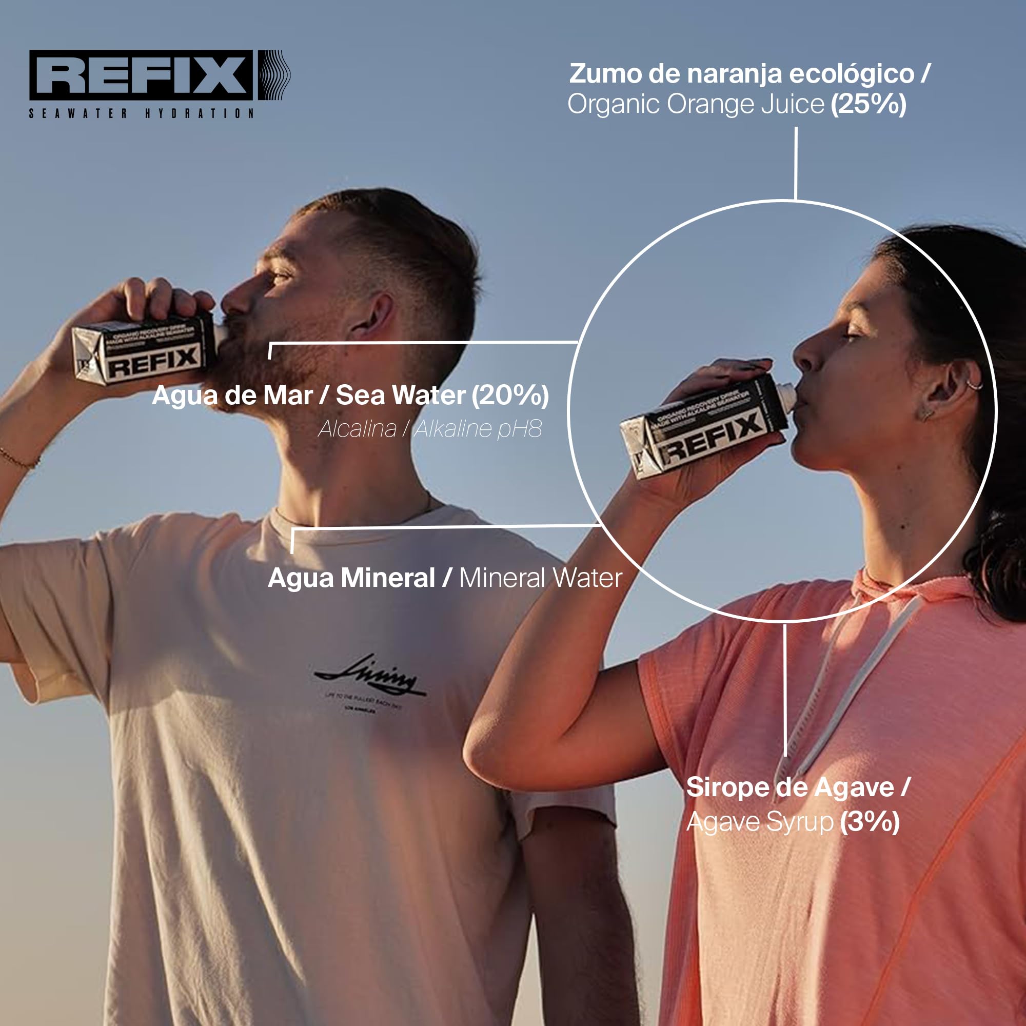 Bebida de Recuperación REFIX – Base Agua del Mar, Baja en Calorías, Orgánica, Sin Azúcar Añadido, Vegana, Electrolitos y Sales Minerales Naturales del Mar - Sabor Naranja - Pack de 24 Tetrapack
