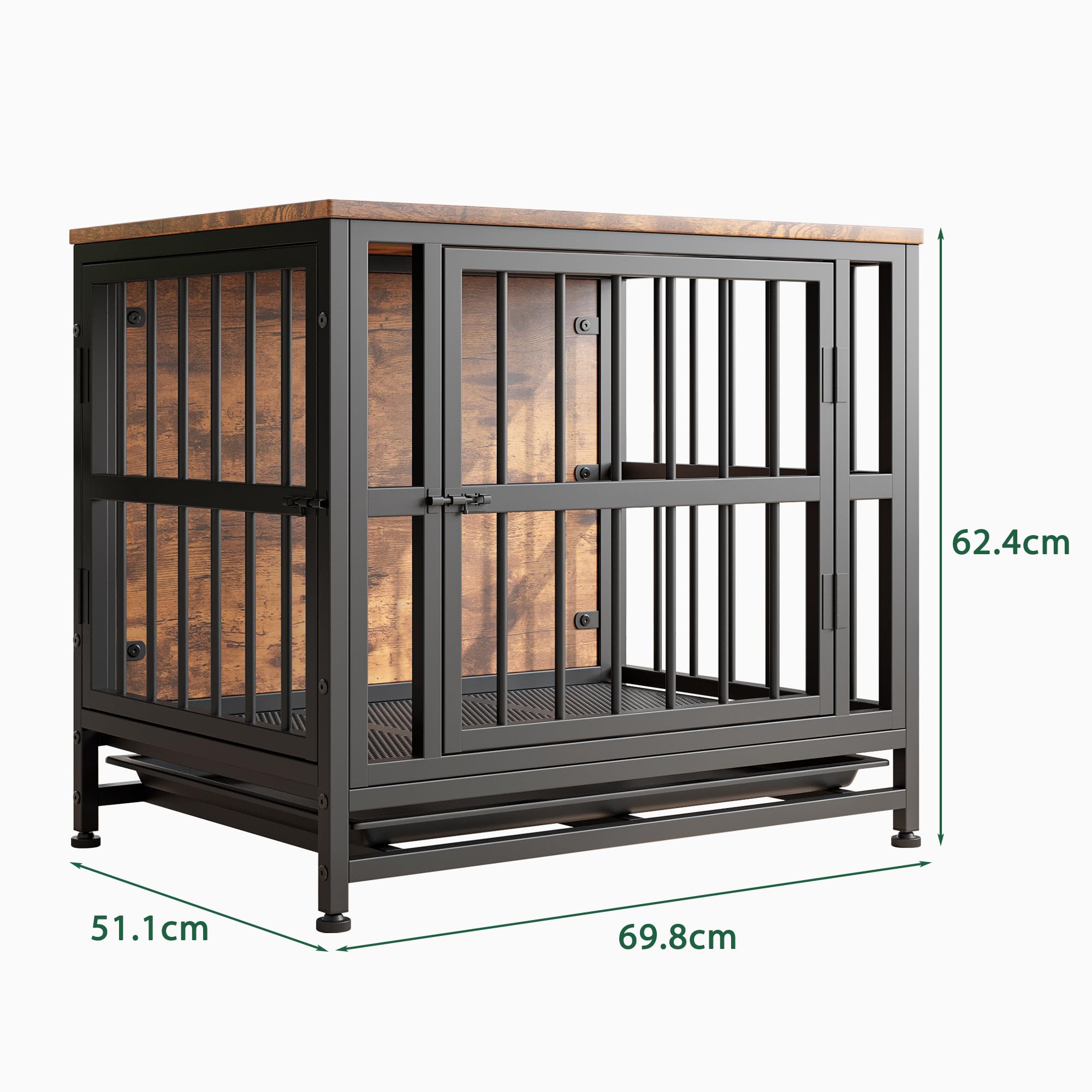 Cage pour chien en bois robuste avec 2 portes, plateau amovible, table d'appoint résistante à la mastication, marron rustique 70 cm