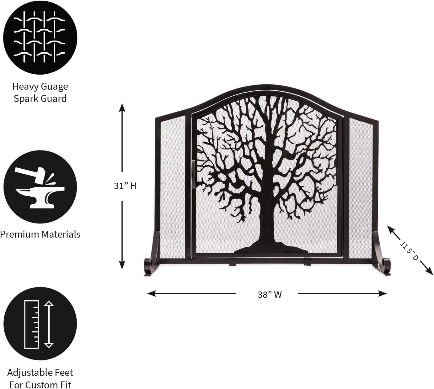 Plow & Hearth Metal Fireplace Screen Tree of Life Black | 38" W x 31" H | Magnetic Hinged Door | Spark Guard Cover | Stand Alone Wrought Iron Panel Fire Place Cover