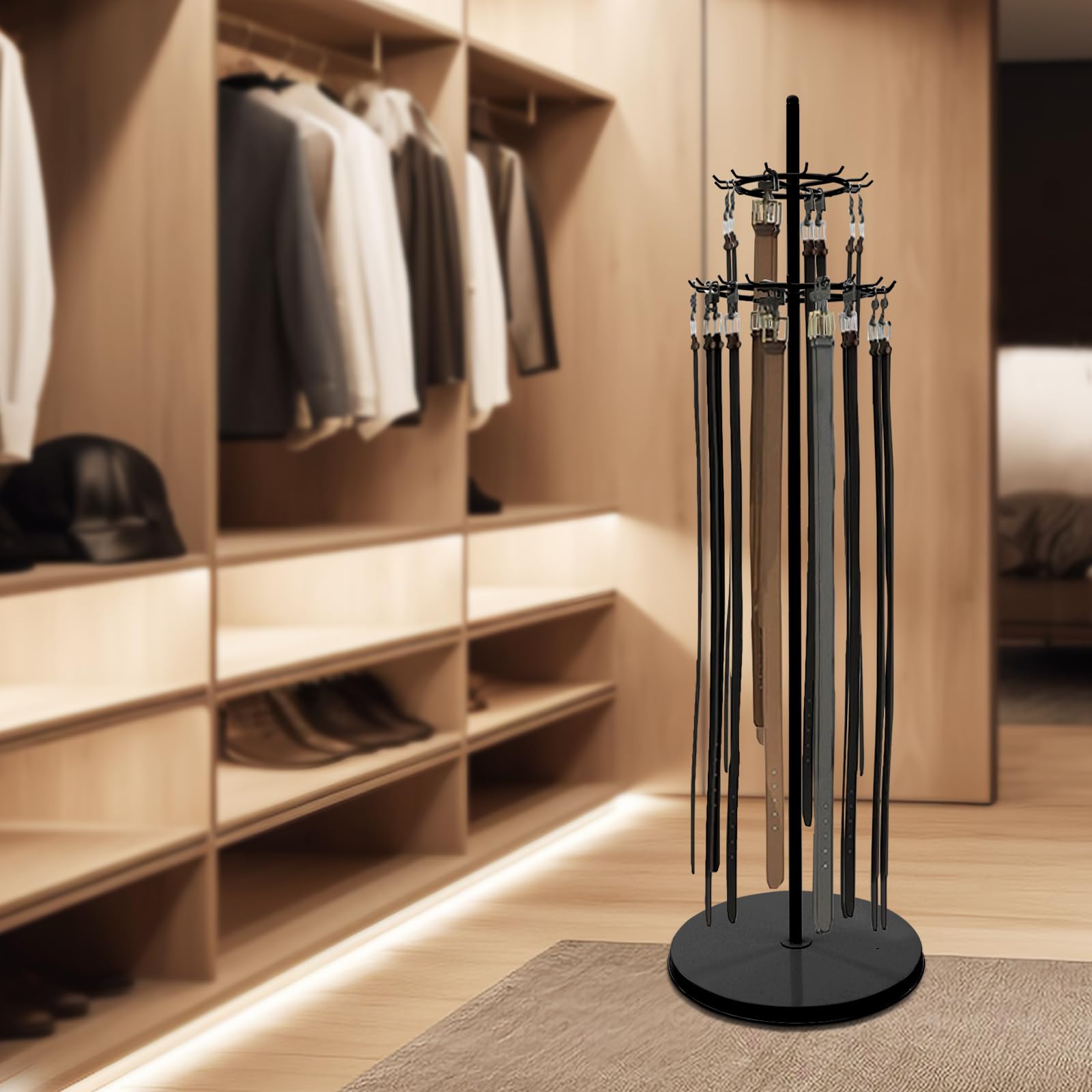 Belt Hanger Tie Rack, Floor Mounted Belt Display, Jewelry Necklaces Accessories, Scarf Shelf Closet Display Stand Organizer, Commercial Shawls Hanger for Clothing (Black)