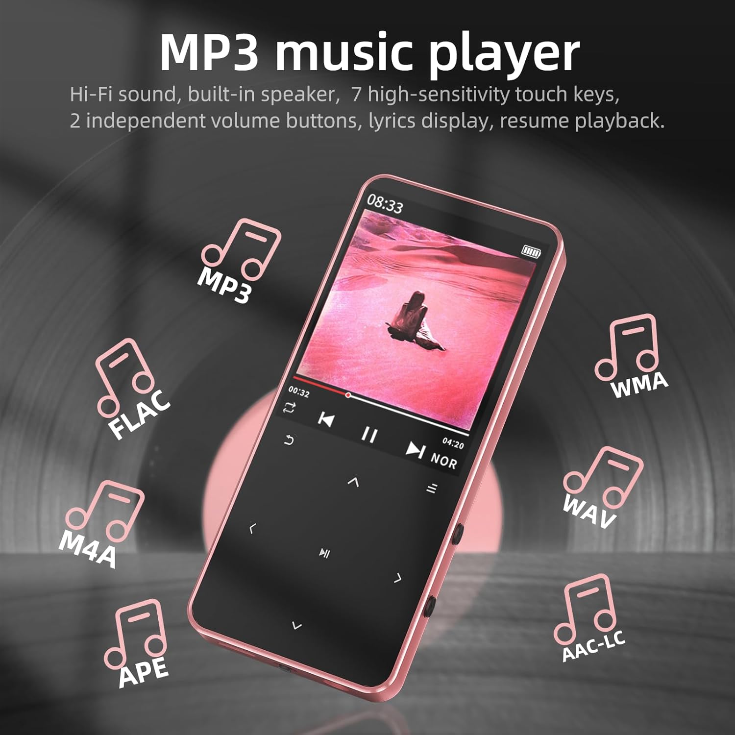 Tengsen Mp3 Player X1 displaying music playback with supported audio formats listed