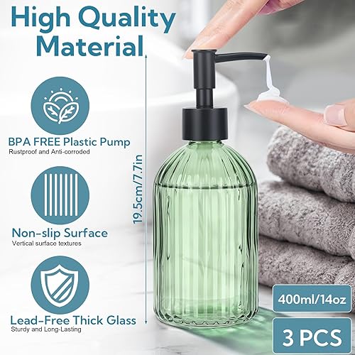 Miniatura 3 de Juego de 3 dispensadores de jabón de vidrio verde con bomba negra, dispensador de jabón líquido recargable de 13.5 onzas, loción premium y botella