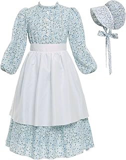 Vibsion Girls Pioneer Prairie Costume Pilgrim Dress Kids Ruffle Neck Floral Colonial Girl Costumes Bonnet Apron 3Pcs L