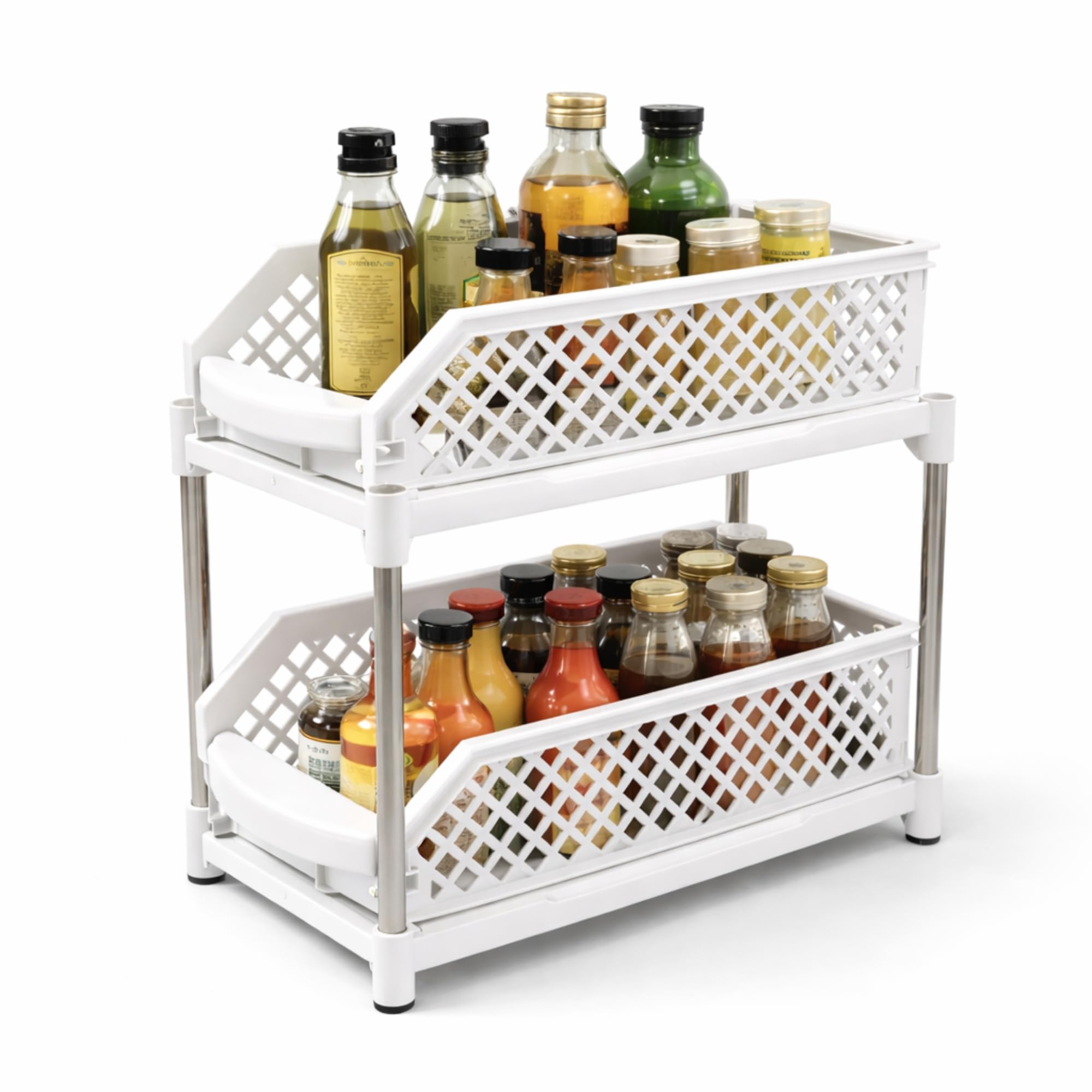 VOCO 2 Tier Pull Out Kitchen Cabinet Organizer Rack for Countertop Storage, Designed for Organizing Condiments, Bottles, and Kitchen Accessories at Home-image-17