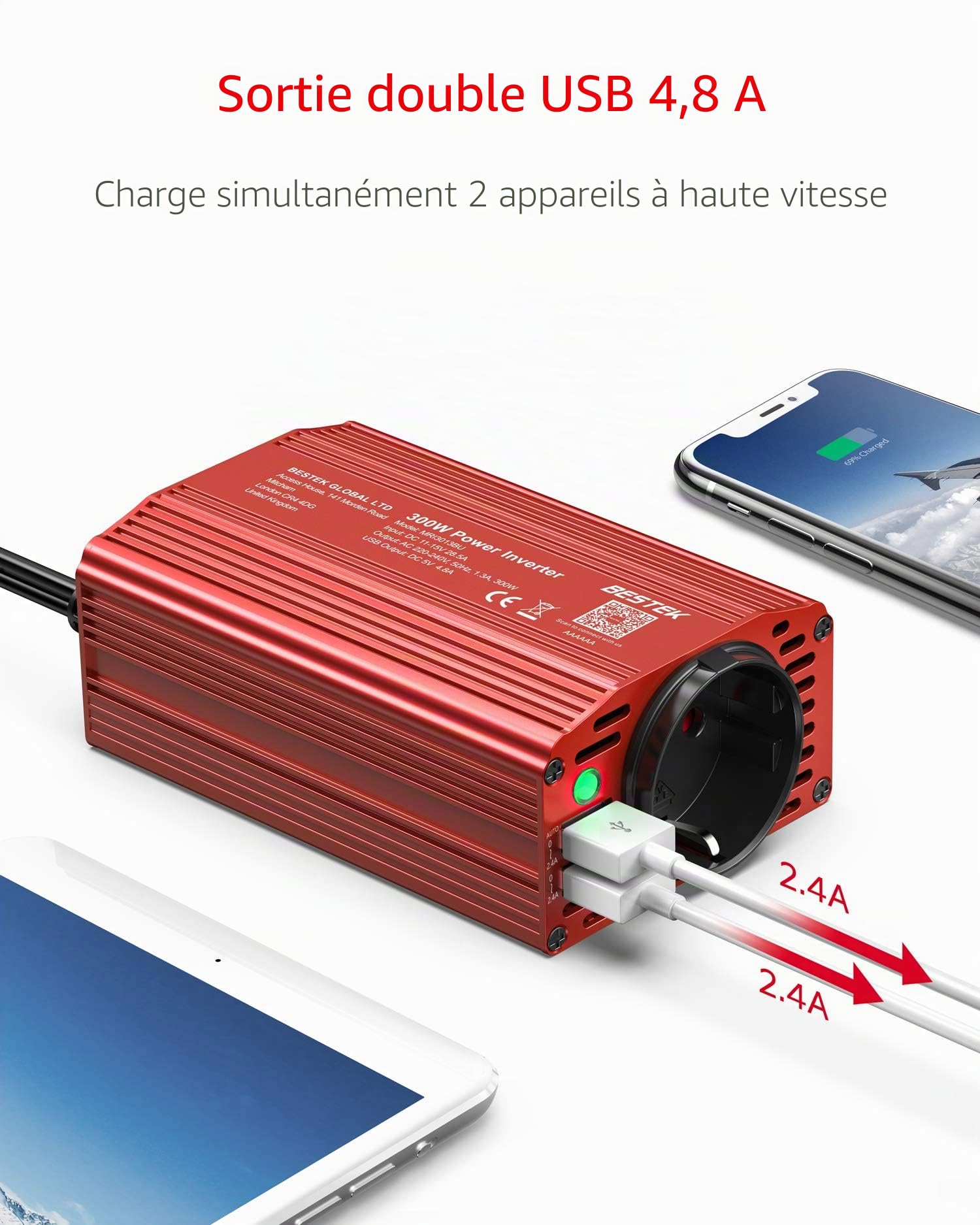 BESTEK Convertisseur 12V 220V 300W Onduleur Métal Chargeur Allume-Cigare Transformateur de Courant pour Voiture avec 1 AC Prise et 2 Ports USB 2,4 A et Clip de Batterie