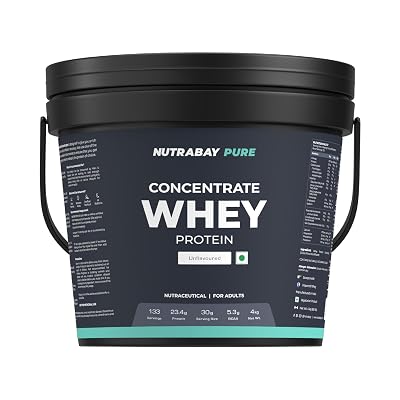 Nutrabay Pure 100% Authentic Whey Protein Concentrate Powder 23.4g Protein, 5.3g BCAA per Serving, Trustified Certified 