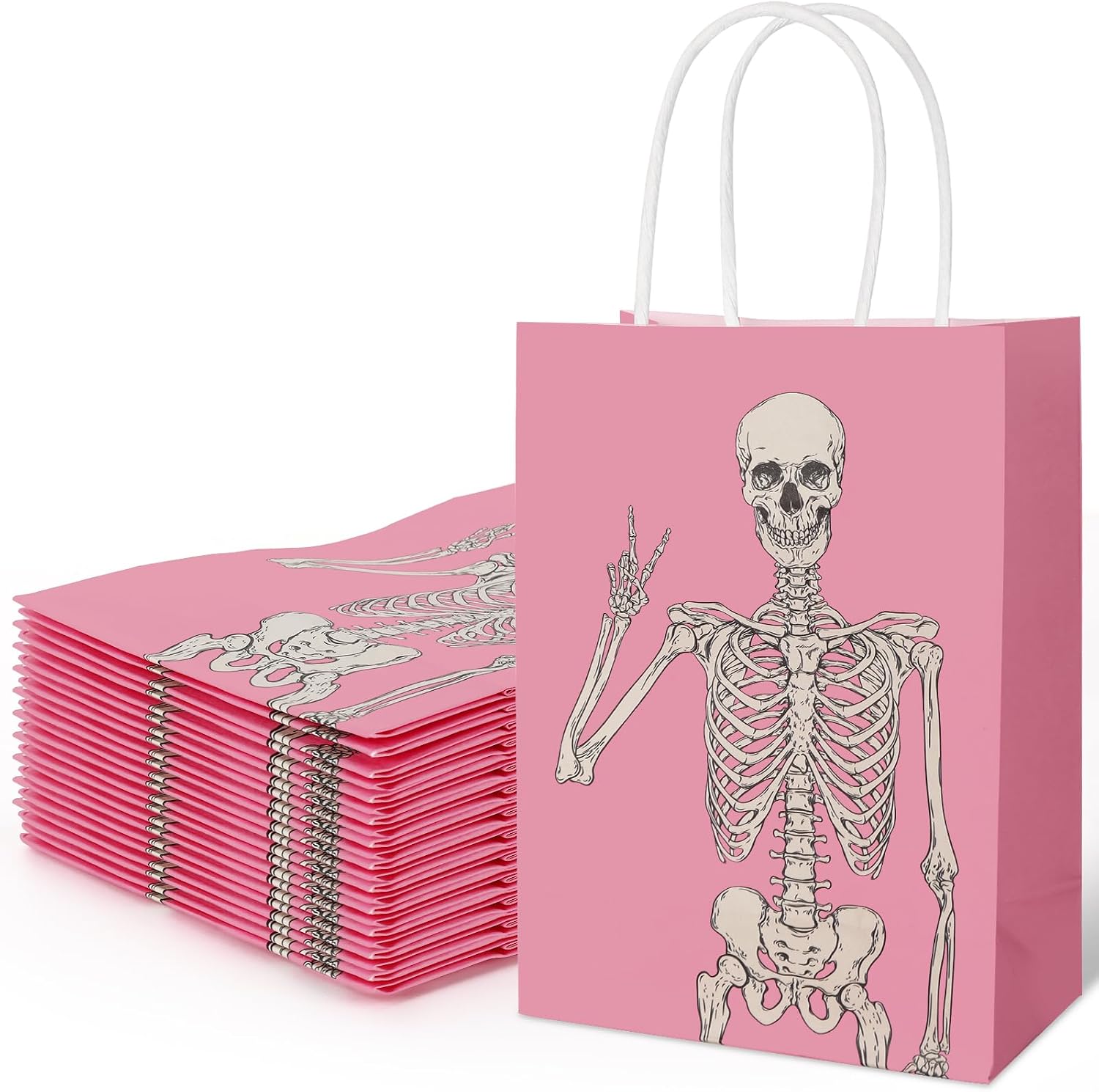 JarThenaAMCS 24Pcs Halloween Skull Paper Gift Bags with Handles Pink Skeleton Party Favor Candy Goodie Treat Bags for Halloween Party Supplies