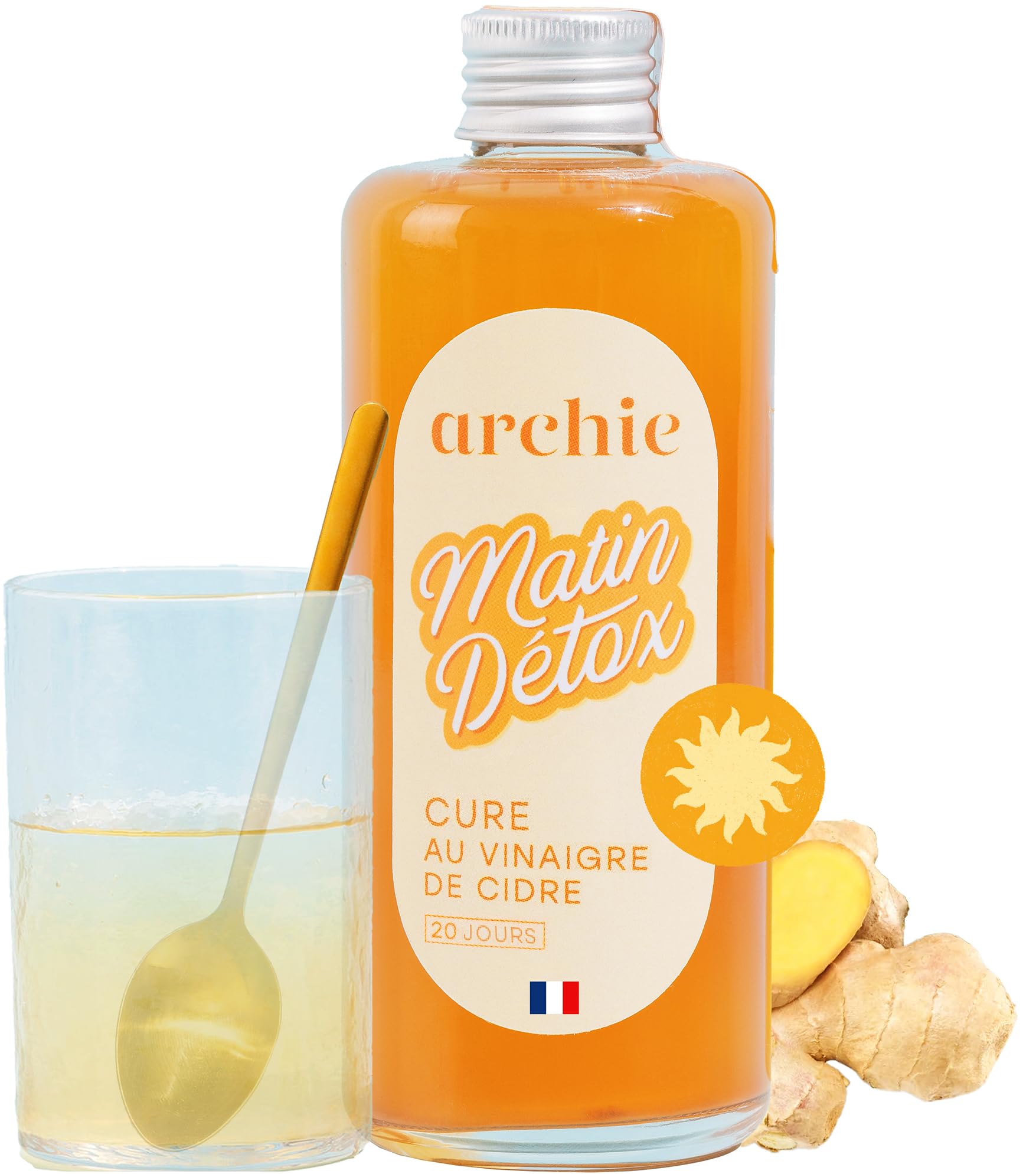 Archie, Cure Matin Detox, Vinaigre de cidre - Gingembre, Citron et Epices. Glycémie, Digestion, Ballonnements, Vitamines. Rituel naturel. Made in France. Cure de 20 jours.
