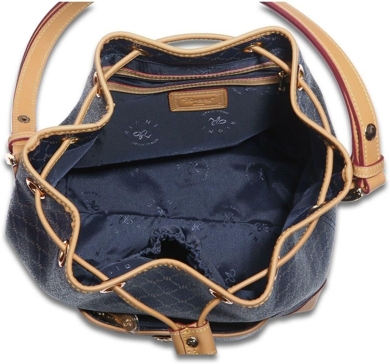 Rioni STA-20089 Designer Signature Navy Blue Canvas Leather Drawstring Bucket Bag Shoulder Bag