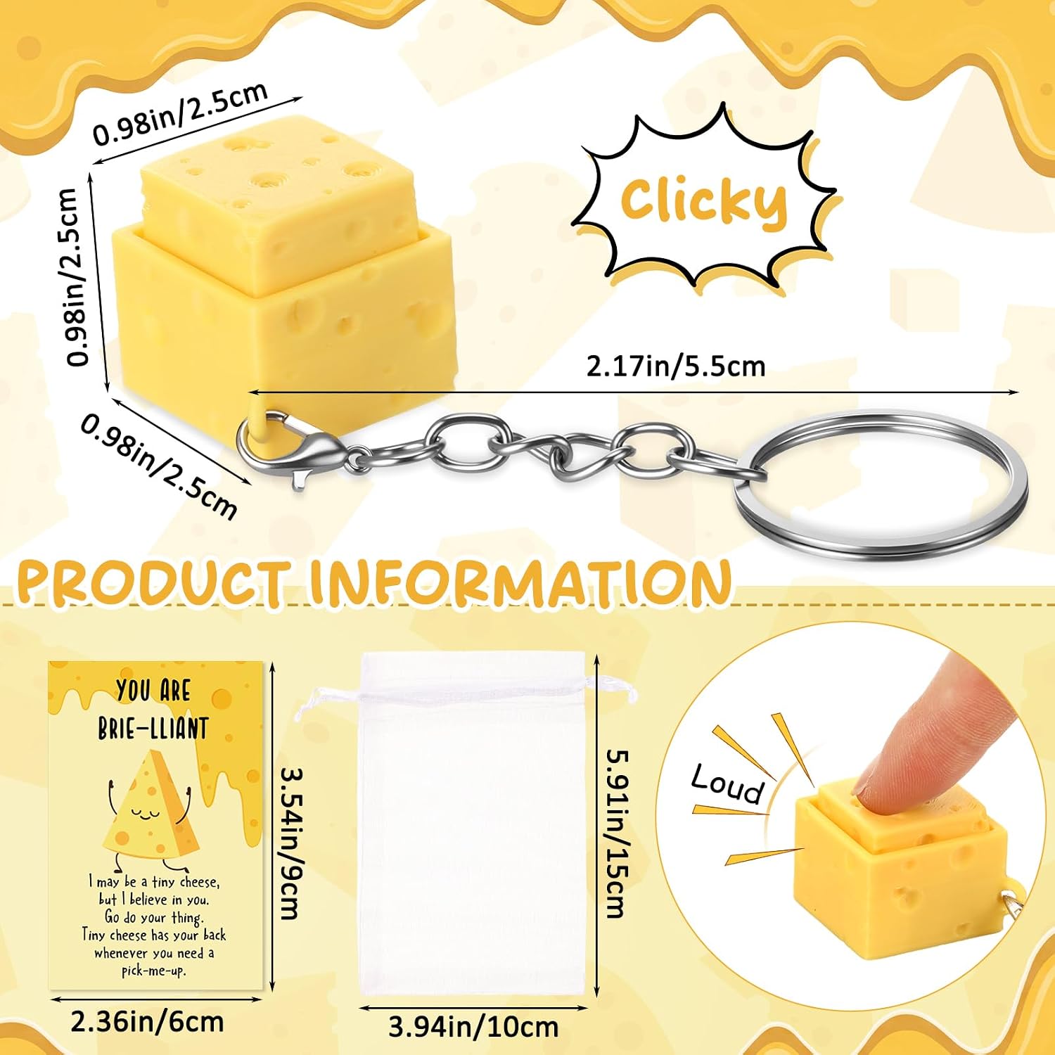 Gerrii 24 Sets Cheese Clicker Fidget Keychains Bulk 3D Press Sensory Clicker Fidget Toys Inspirational Cheese Stress Relief Keychains with Cards for Teacher Coworker Employee Office Staff Friends