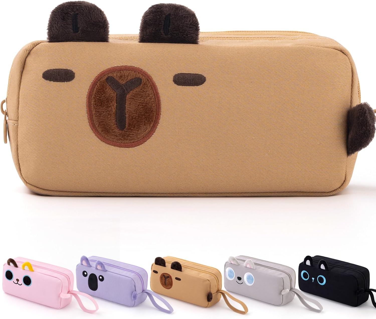 CICIMELON Cartoon Pencil Case, Large Capacity Pen Pouch with Embroidered Animal Design, School Supplies Bag for Kids, Teens, Students (Brown Capybara)