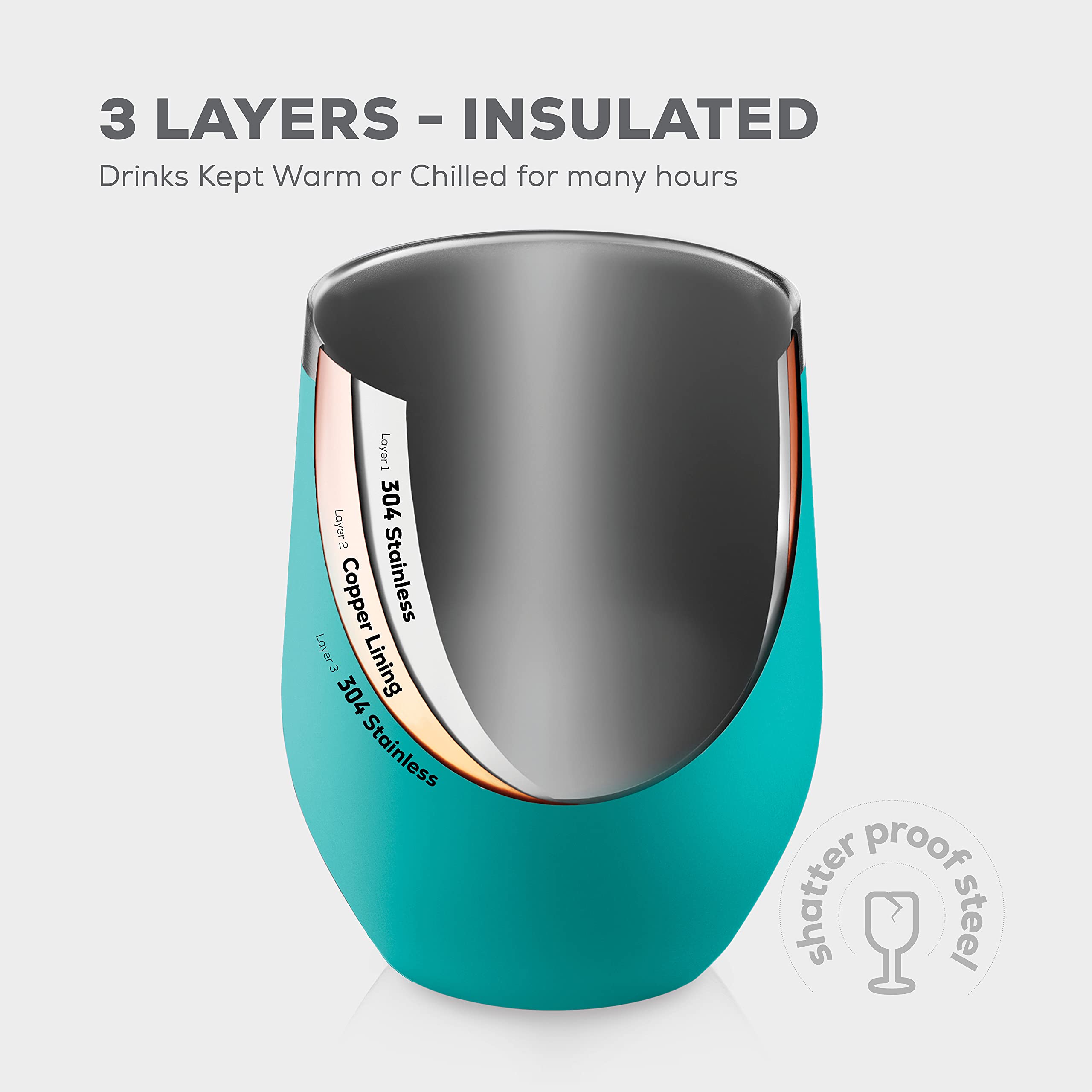 FineDine Lot de 4 verres à vin à triple isolation avec couvercle en acier inoxydable – Garde les boissons chaudes et froides pour l'extérieur, la plage, les pique-niques – Verres incassables avec