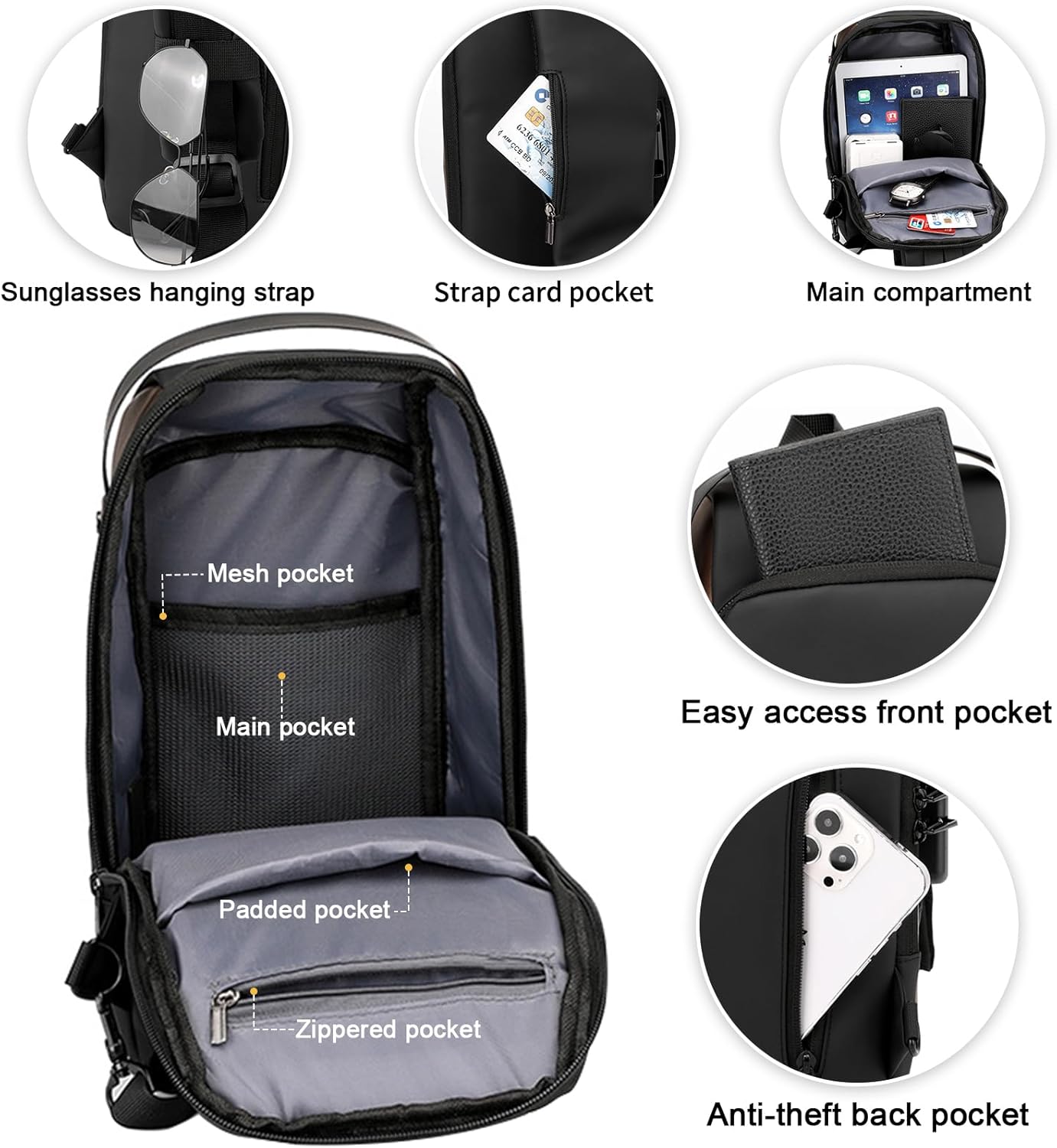 Peicees Mens Crossbody Bag Man Bags Mens Purse Anti-theft Leather Sling Bag Shoulder Bag Chest Bag for Daily Use, Black Black - Image 3