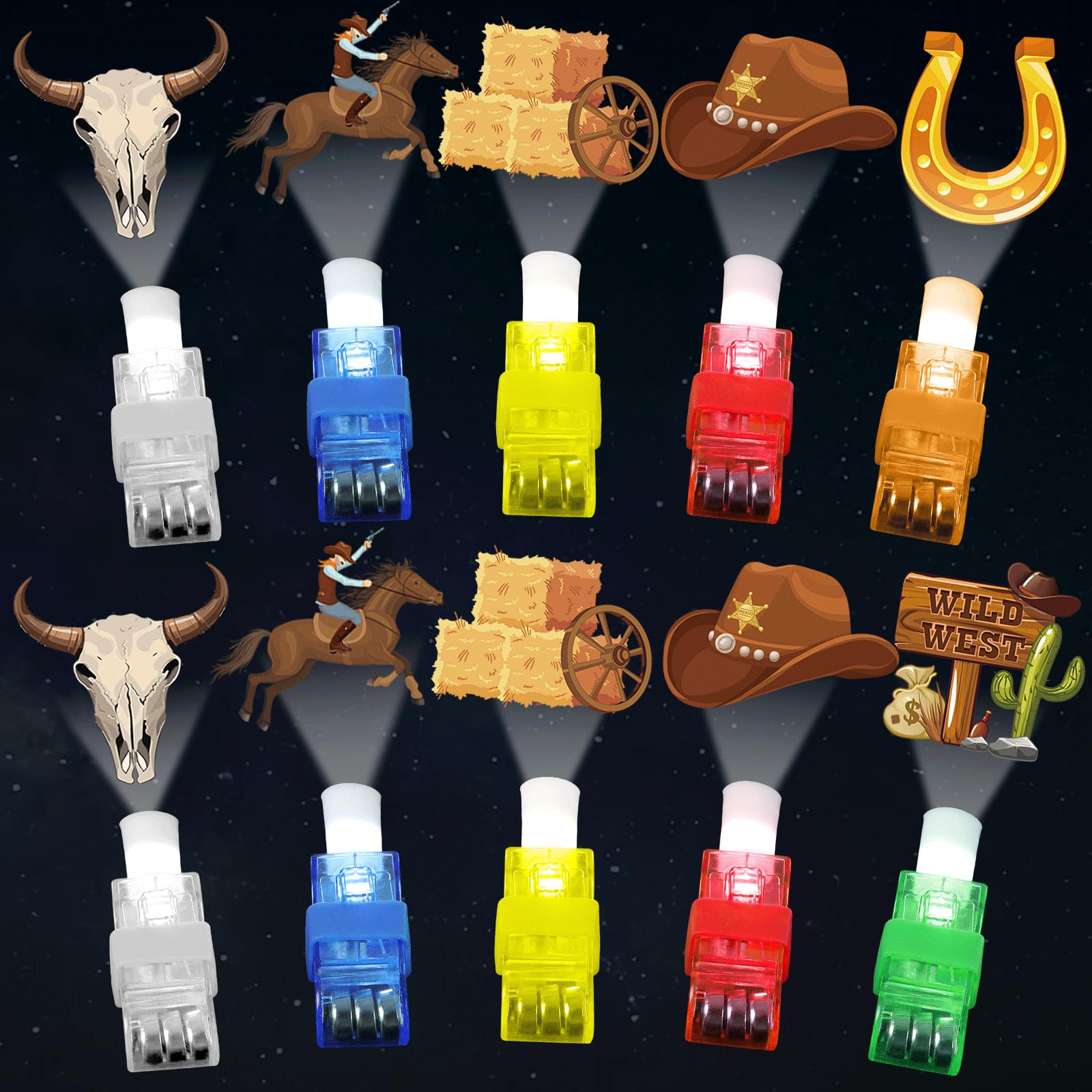 36 PCS Western Party Favors Cowboy LED Light Up Finger Lights, Glow in the Dark Wild West Party Finger Flashlight Bulk for Last Rodeo Goodie Treat