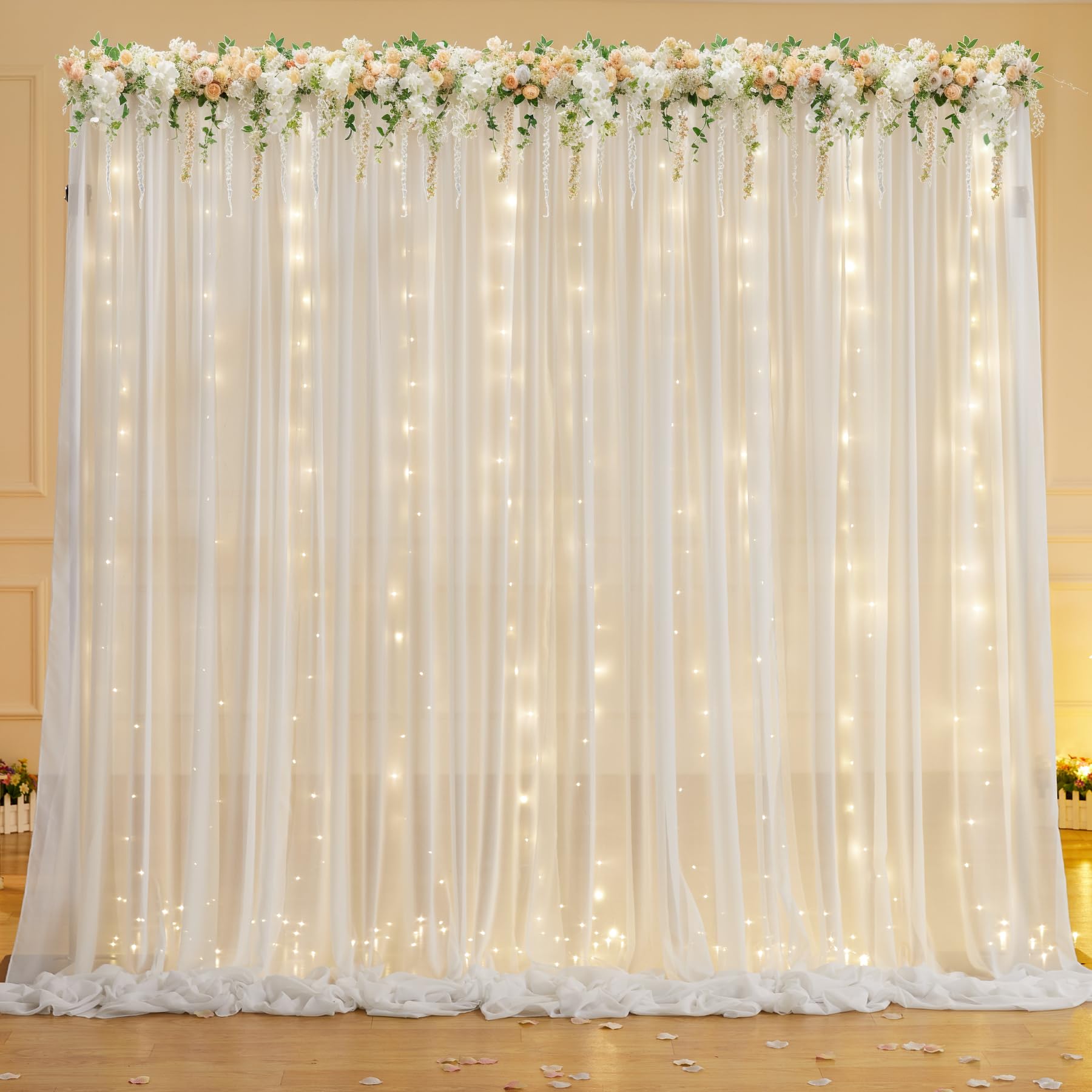 10ft x 7ft Cream White Chiffon Backdrop Curtain with Lights String for Parites Wedding Wrinkle Free Curtain Photo Backdrops Drapes for Baby Shower