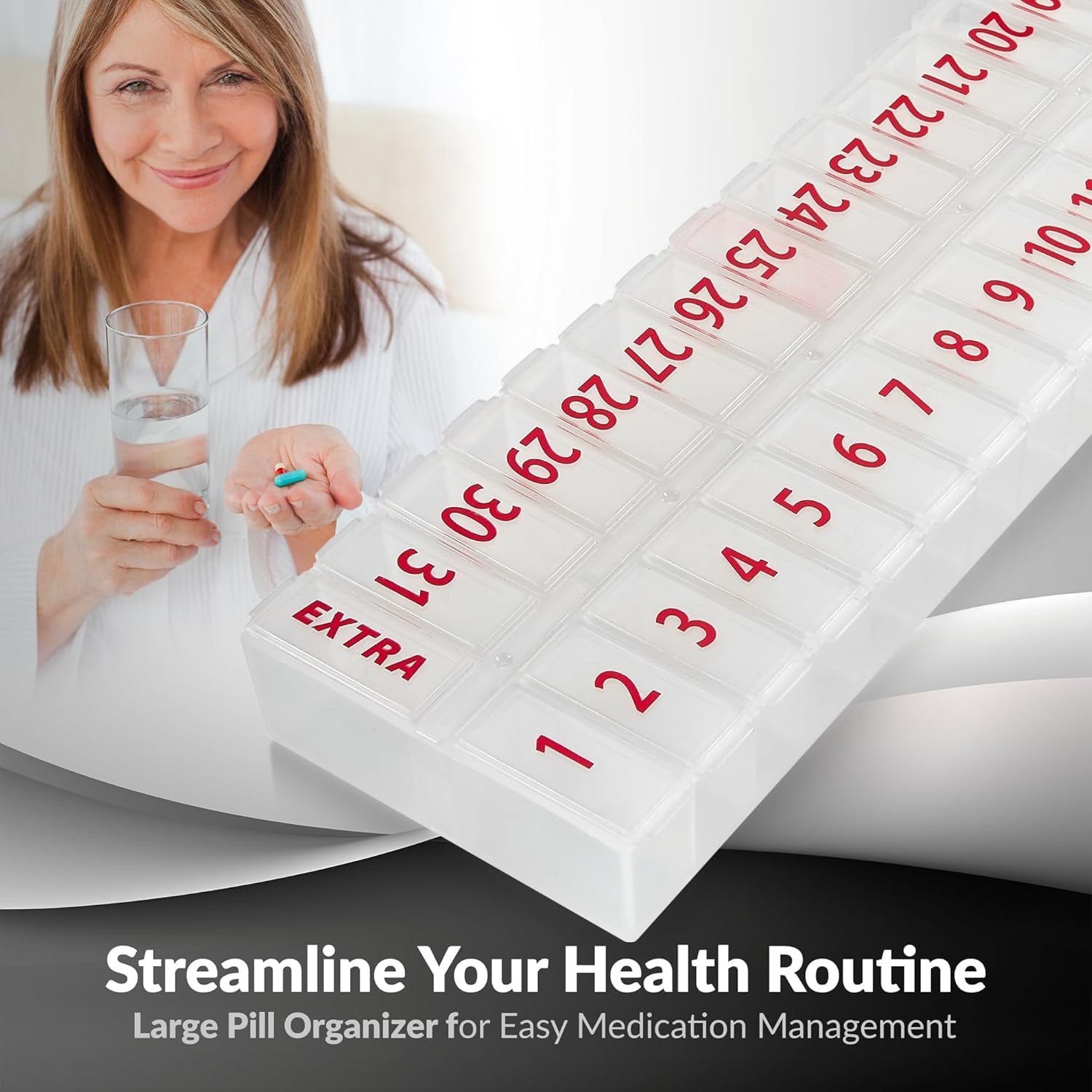 Large Pill Organizer Monthly 32 Compartments - 30 Day Pill Organizer 1 Time A Day, Large Compartment Box for Medications, BPA-Free Plastic, Removable Lid for Easy Loading Medicine, Vitamins, Clear