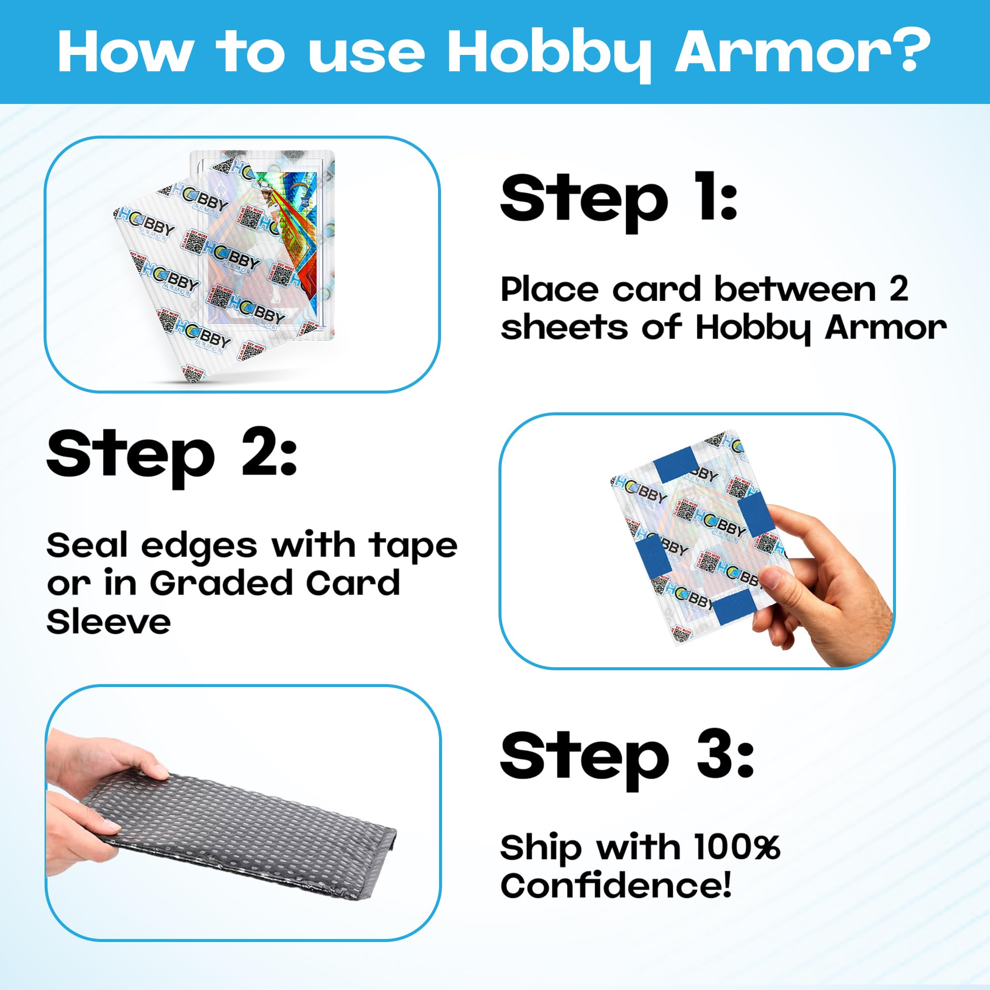 Hobby Armor - Paquete de 100 protectores de envío de tarjetas coleccionables de plástico, 3.5 x 4.5 pulgadas con esquinas redondeadas, plástico translúcido y protector de tarjetas multicolor vibrante