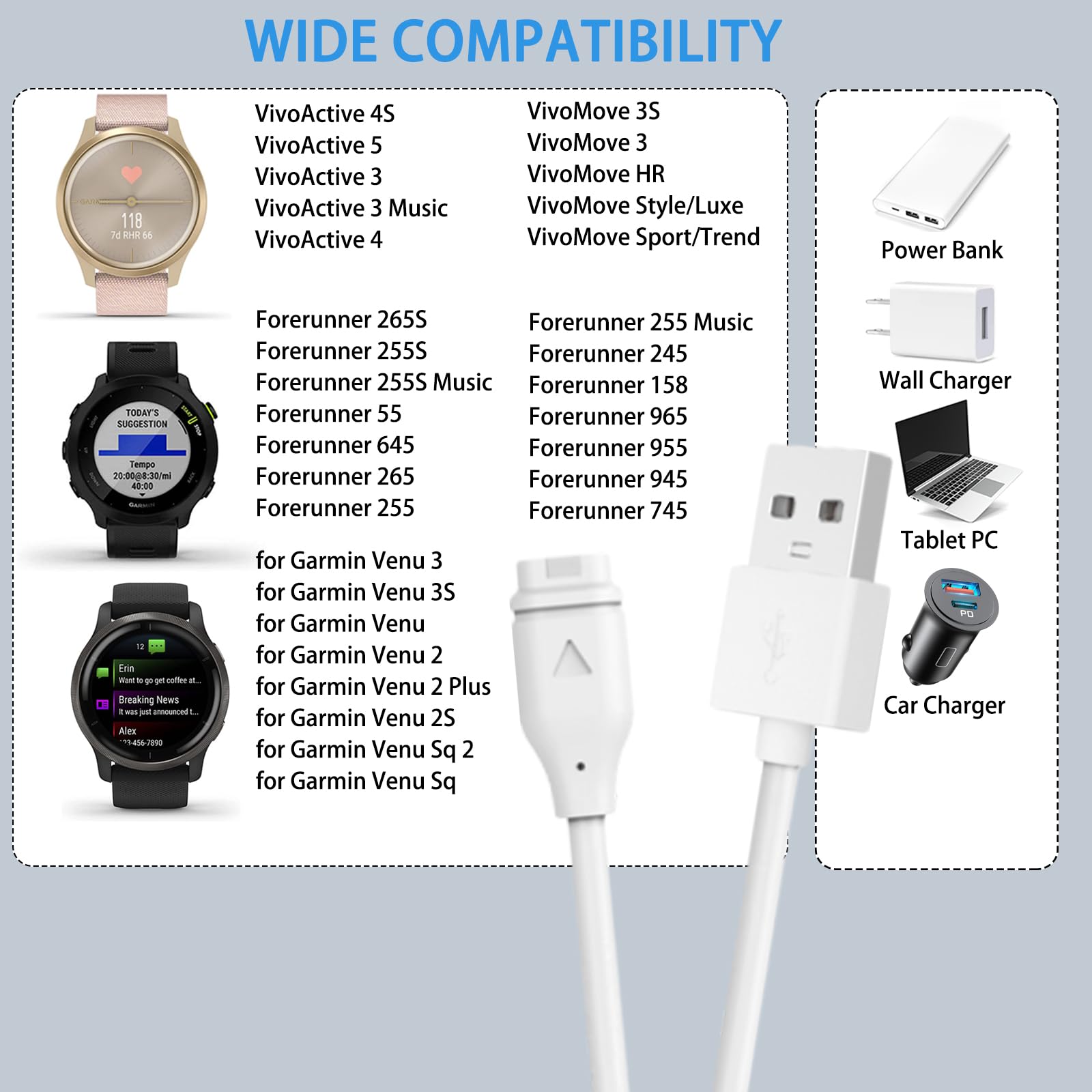 Cavo Caricatore Compatibile per Garmin Fenix 7 7S 7X 6 6S 6X Pro 5 5S 5X Plus, Venu 2 Plus 2S Sq, Forerunner 165 55 955 245 255 265, Vivoactive 3 4 5, Vivomove/Approach/Instinct/Epix
