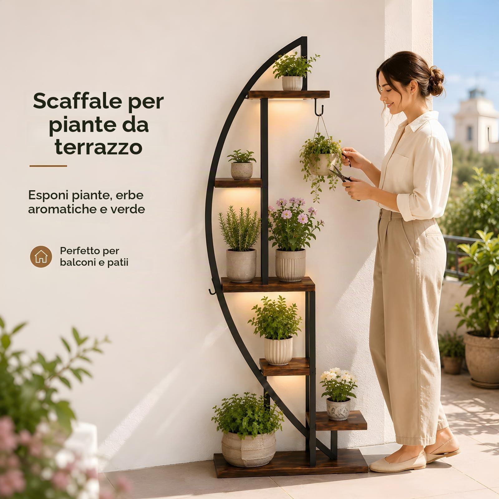 Scaffale Angolare Industriale con Luce LED Piante – Mobile Angolo Salvaspazio Stretto, Libreria Mezzaluna Legno e Metallo per Soggiorno, Ingresso o Camera, Altezza 160 cm