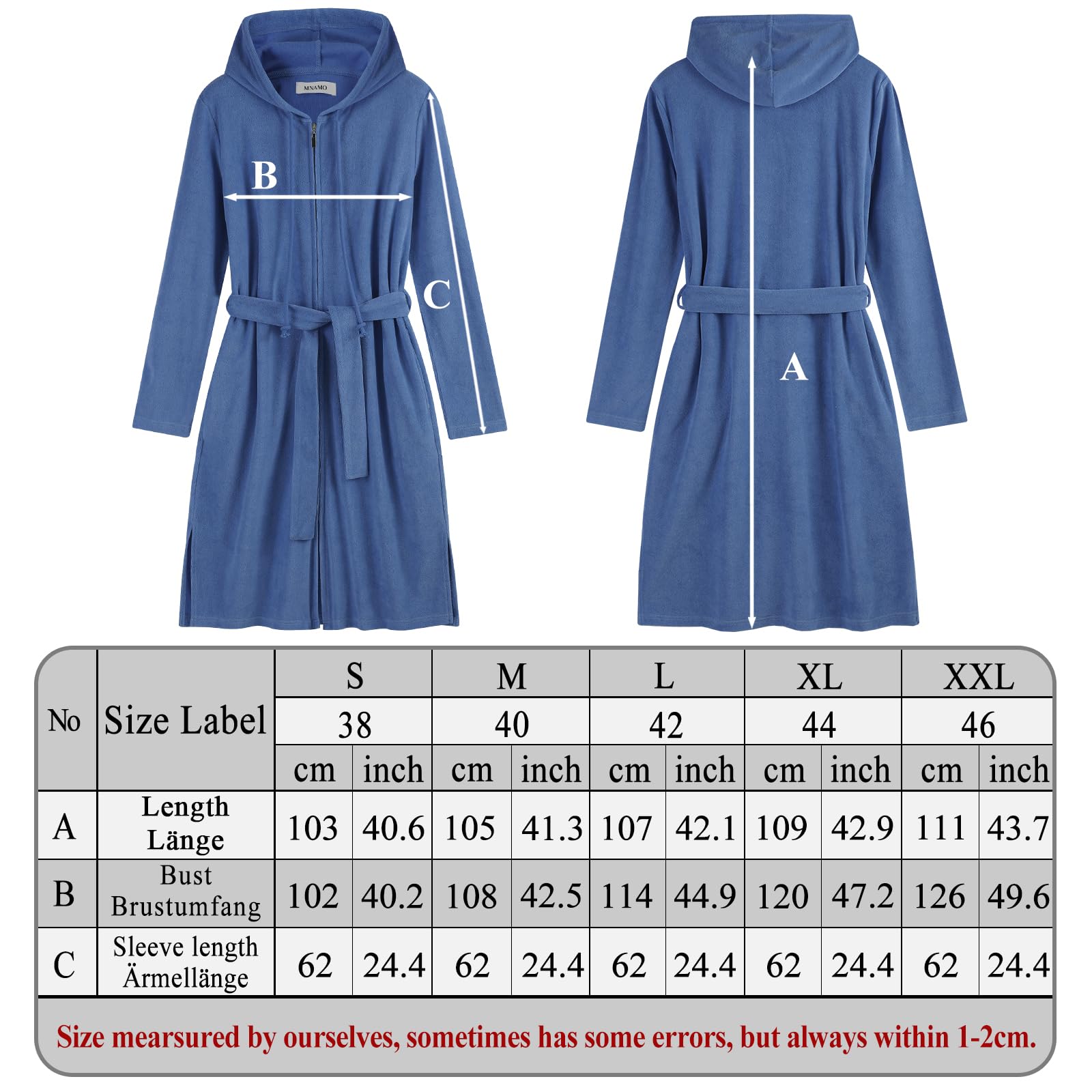 Damen Kapuze Bademantel Reißverschluss Frottee Langarm Bademantel | Kurz und Leicht.Taschen und Bindegürtel – geprüft auf Schadstoffe, ideal für Sauna und Zuhause