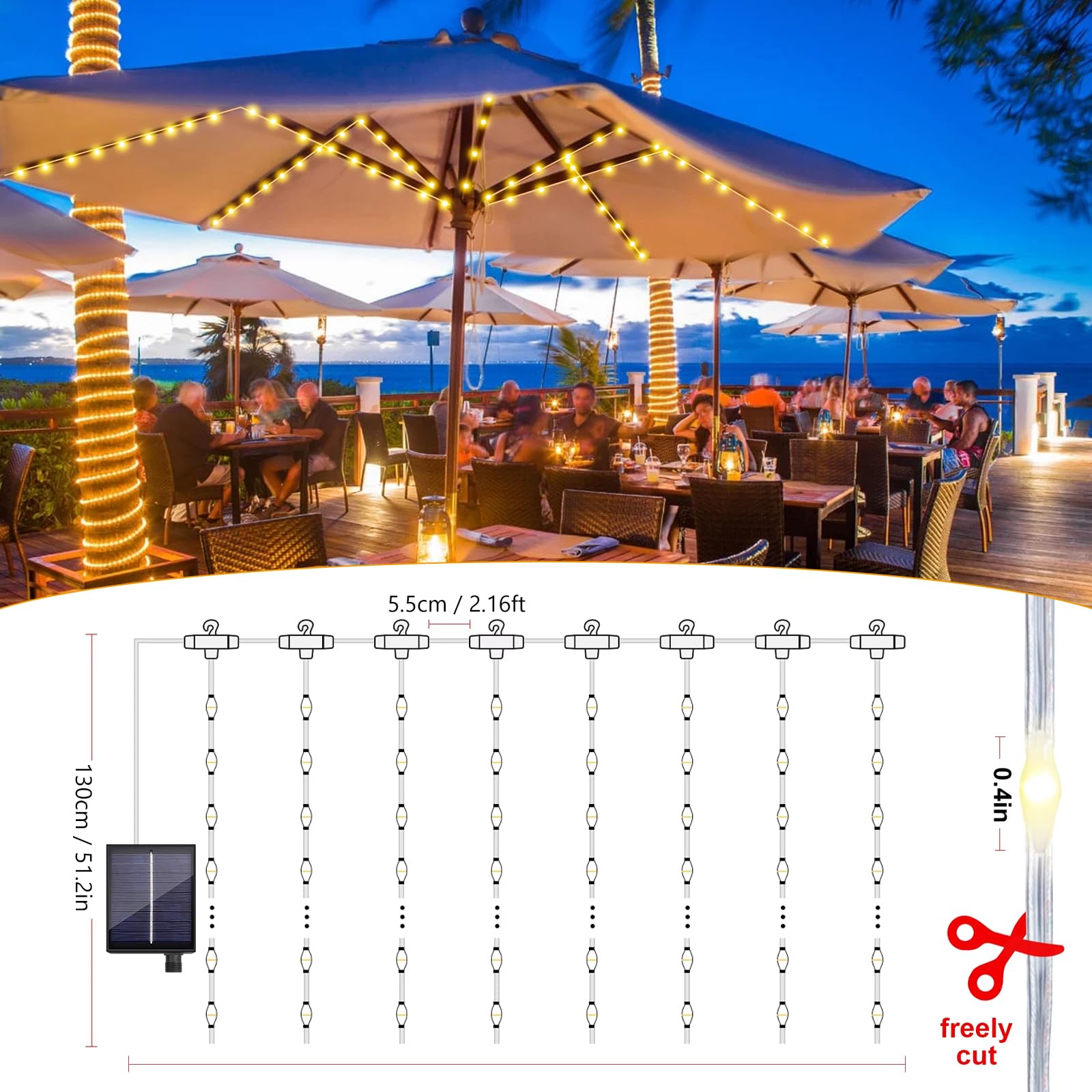 Éclairage solaire pour parasol, guirlande lumineuse pour parasol, guirlande lumineuse avec 104 LED, guirlande lumineuse de parasol de jardin avec télécommande pour décoration de parasol, tentes de
