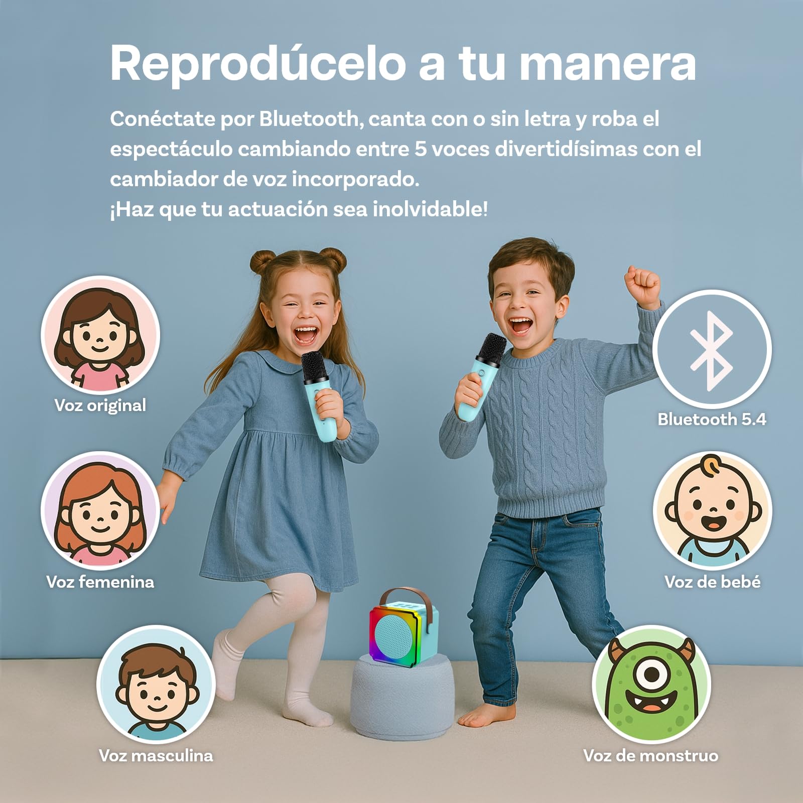 Karaoke para Infantil por MMOBIEL - Karaoke Bluetooth - Altavoz Portátil, 2 Microfonos Inalambricos, Luz LED, Efectos de Voz - Canta, Música Fiesta - Regalo para Niña, Niños, Infantil 3+ Años – Azul