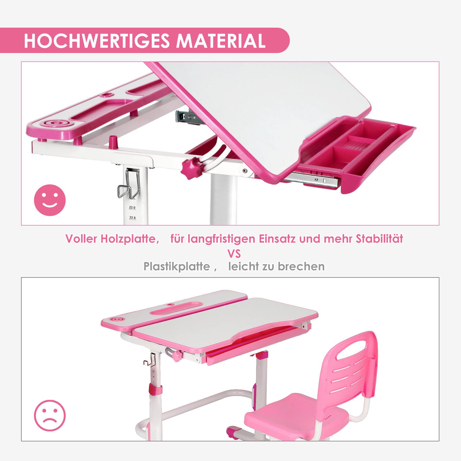 JOYLDIAS Escritorios Infantiles, Mesa Escritorio Niño Regulable en Altura con Lámpara, con Silla y Cajón, Incluye Cubo Pequeño/Rosa