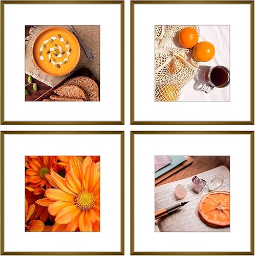 Golden State Art - Marcos de fotos de metal de 12 x 12 pulgadas con paspartú para fotos cuadradas de 8 x 8 pulgadas - Juego de 4 portarretratos de